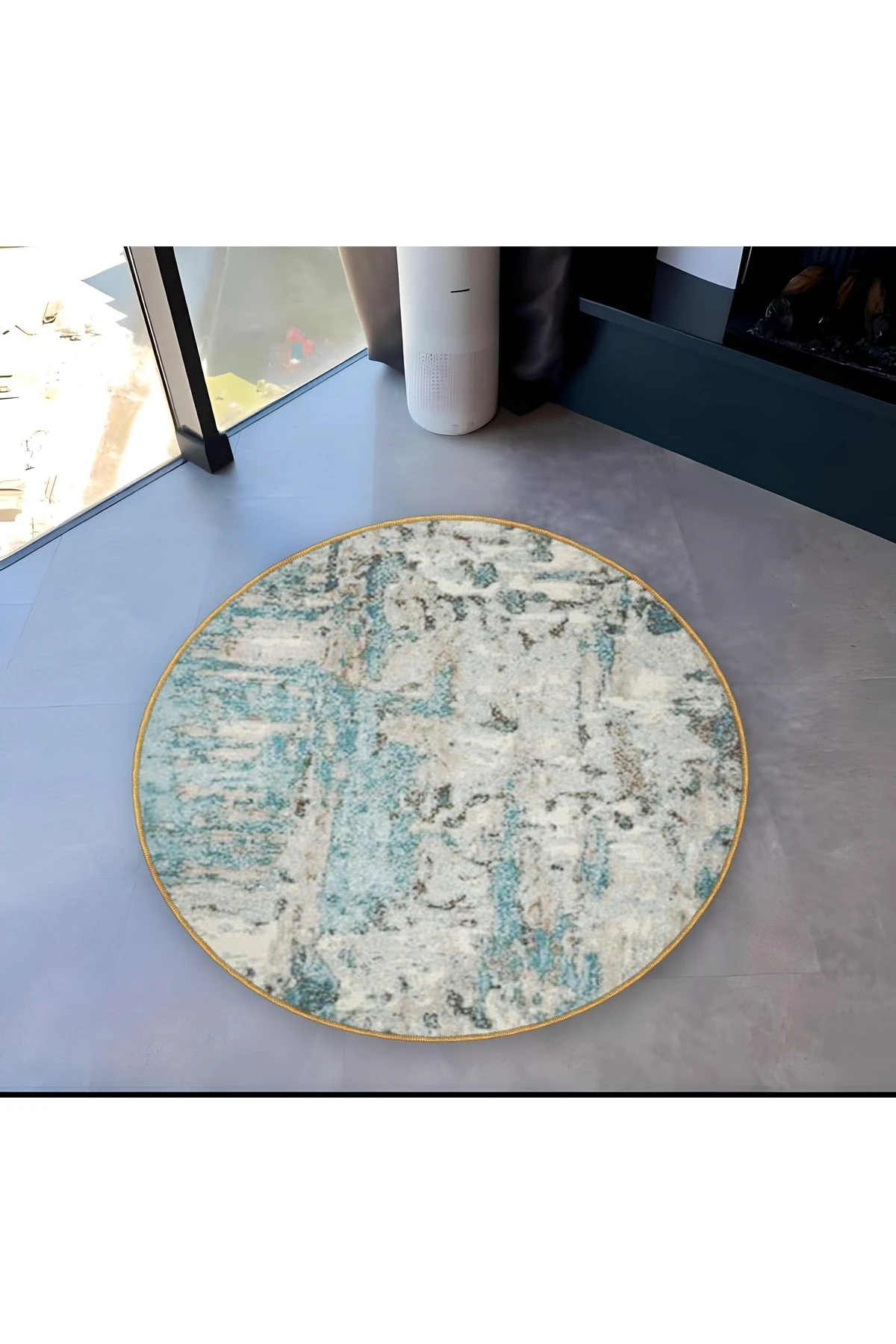 Mira Yuvarlak Mavi Beyaz Tonlarda Dokuma Taban Modern Dekoratif Halı 5550
