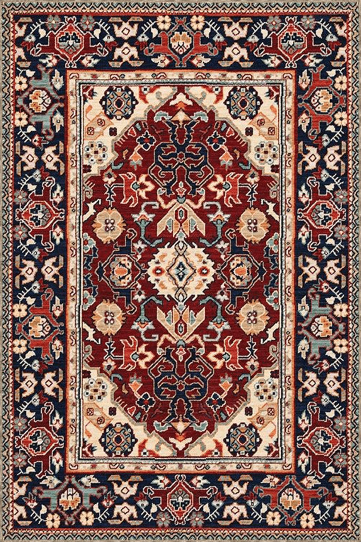Bordo Temalı Çok Renkli Geleneksel Motif Desenli Vintage Dekoratif Halı 4573