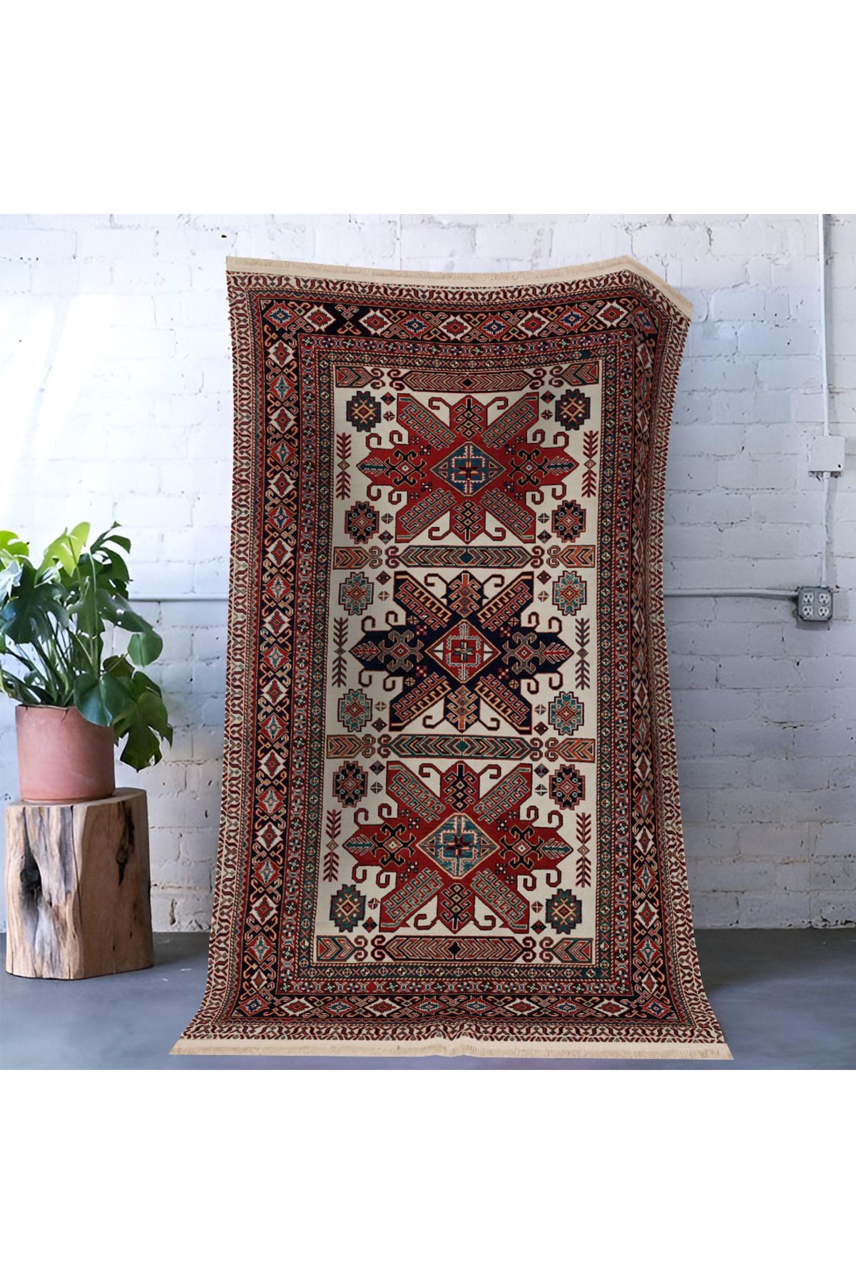 Bordo Temalı Geleneksel Motif Etnik Desenli Vintage Dekoratif Halı 1642