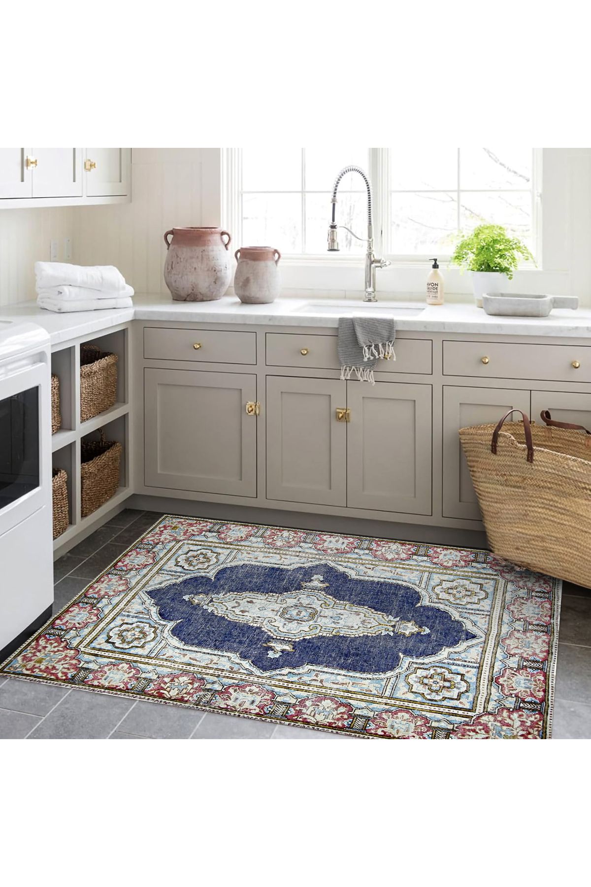 Asena Koleksiyonu Lacivert ve Krem Temalı Geleneksel Desenli Vintage Dekoratif Halı 04