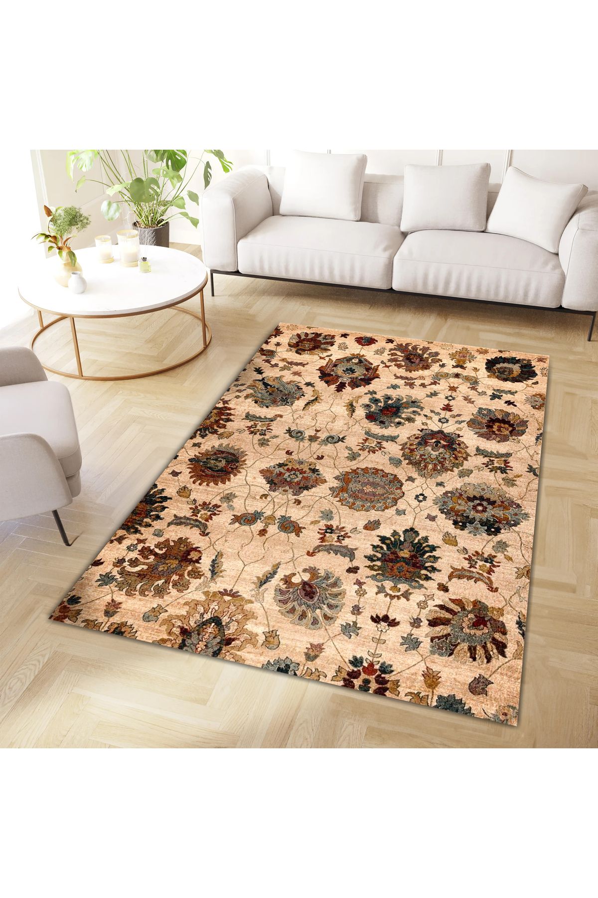 Kuzey Koleksiyonu Bej Kahve Etnik Desenli Dokuma Taban Modern Dekoratif Halı kuzey37