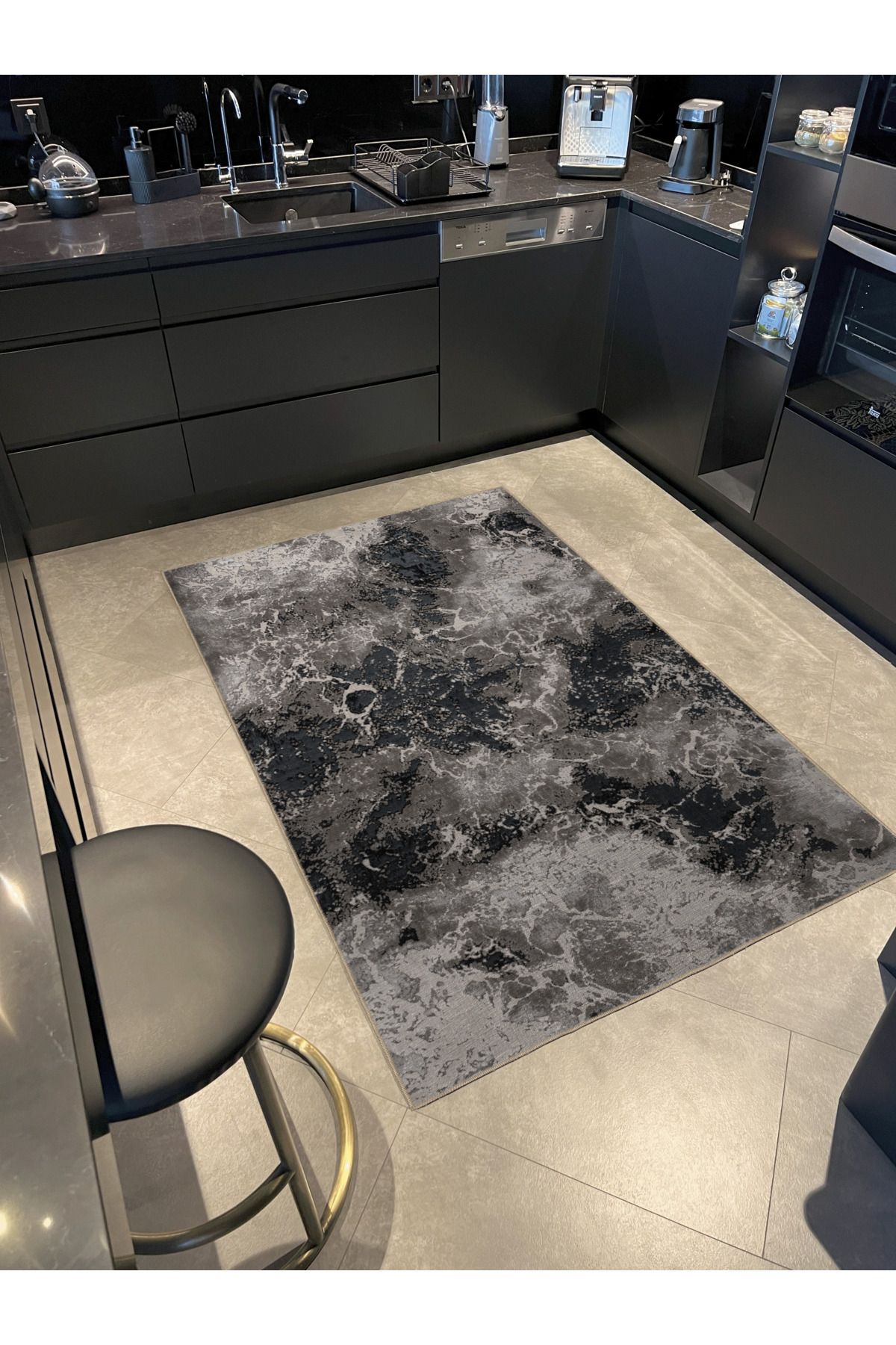 Gri Temalı Abstract Soyut Desenli Kreatif Modern Dekoratif Halı 2986