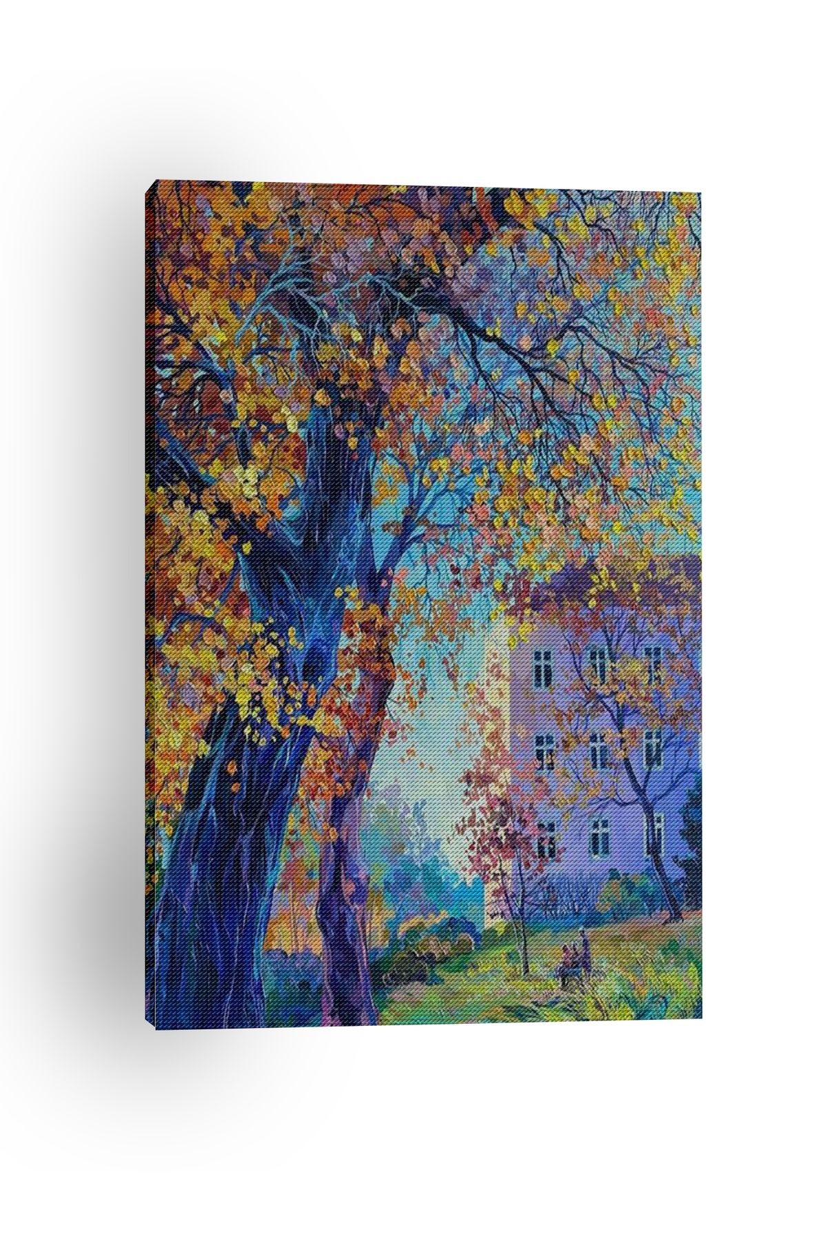 Kanvas Tablo Ev ve Blue Ağaç Desenli Modern Tablo
