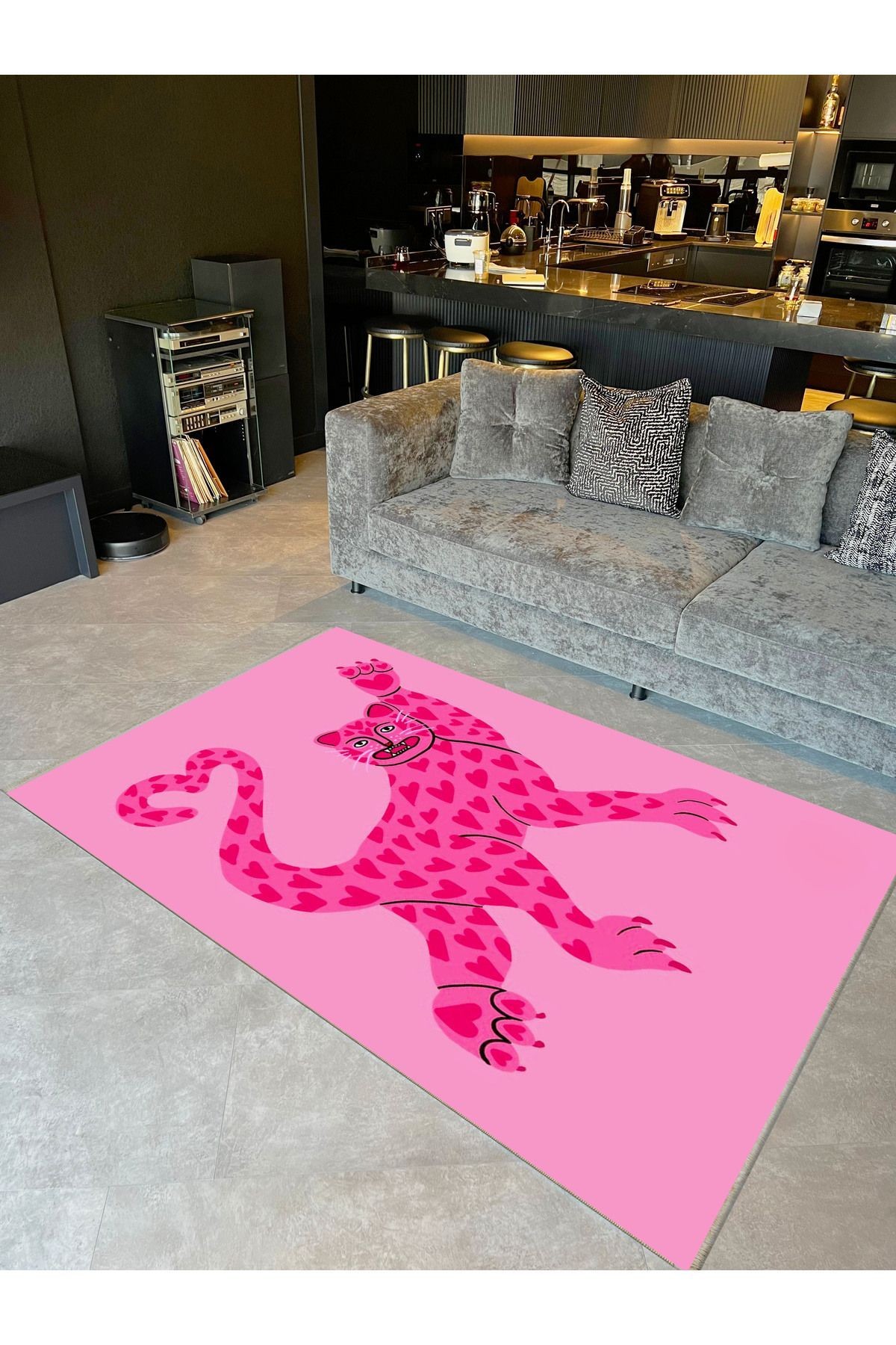 Alya Koleksiyonu Pembe Kalp Detaylı Leopar Desenli Dokuma Taban Modern Dekoratif Halı alya10