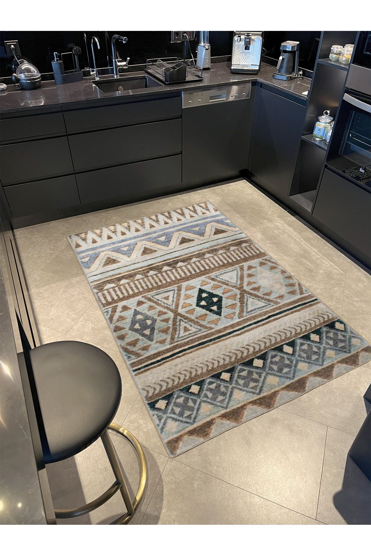 Gri Renkli Üçgen Çizgili Desenli Dokuma Taban Halı 4123