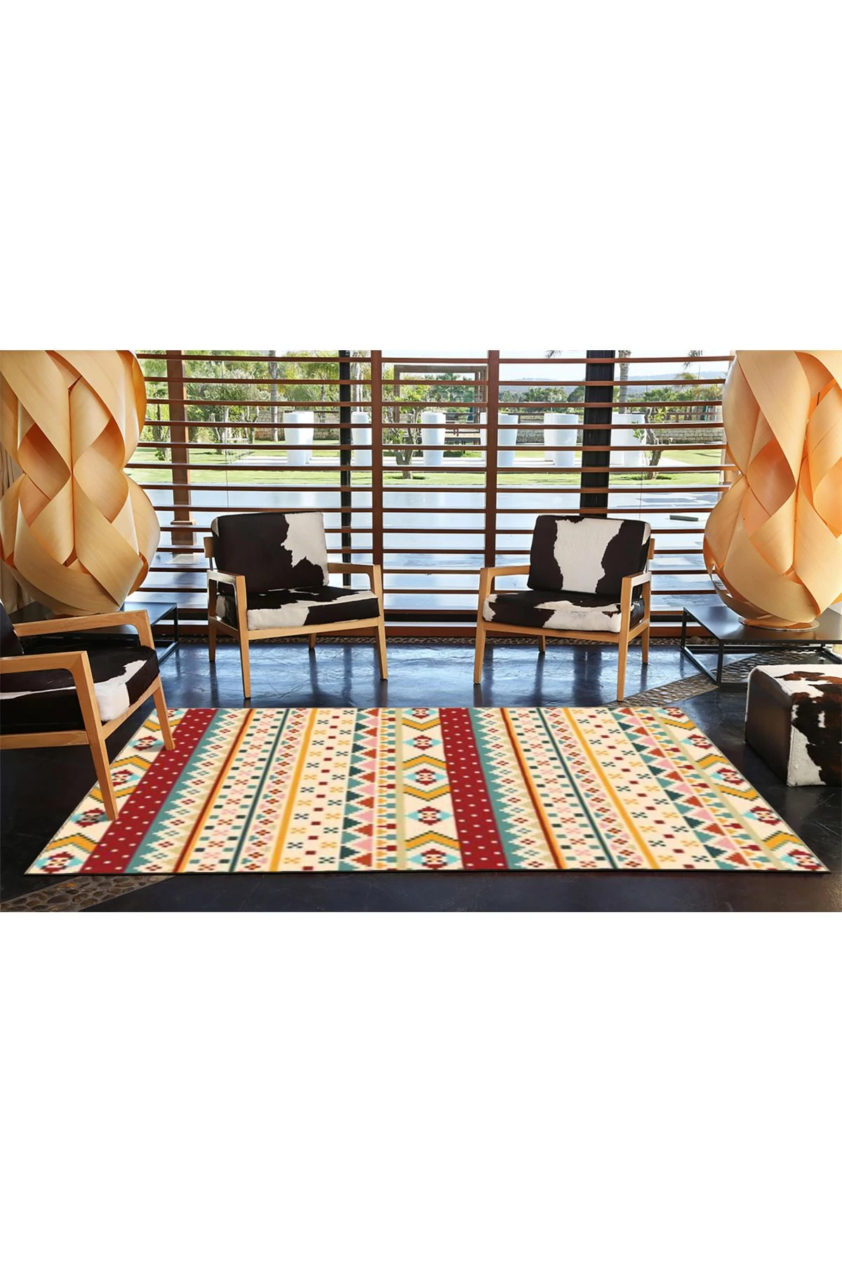 Bej Temalı Çok Renkli Motifli Etnik Figür Desenli Vintage Dekoratif Halı 4667