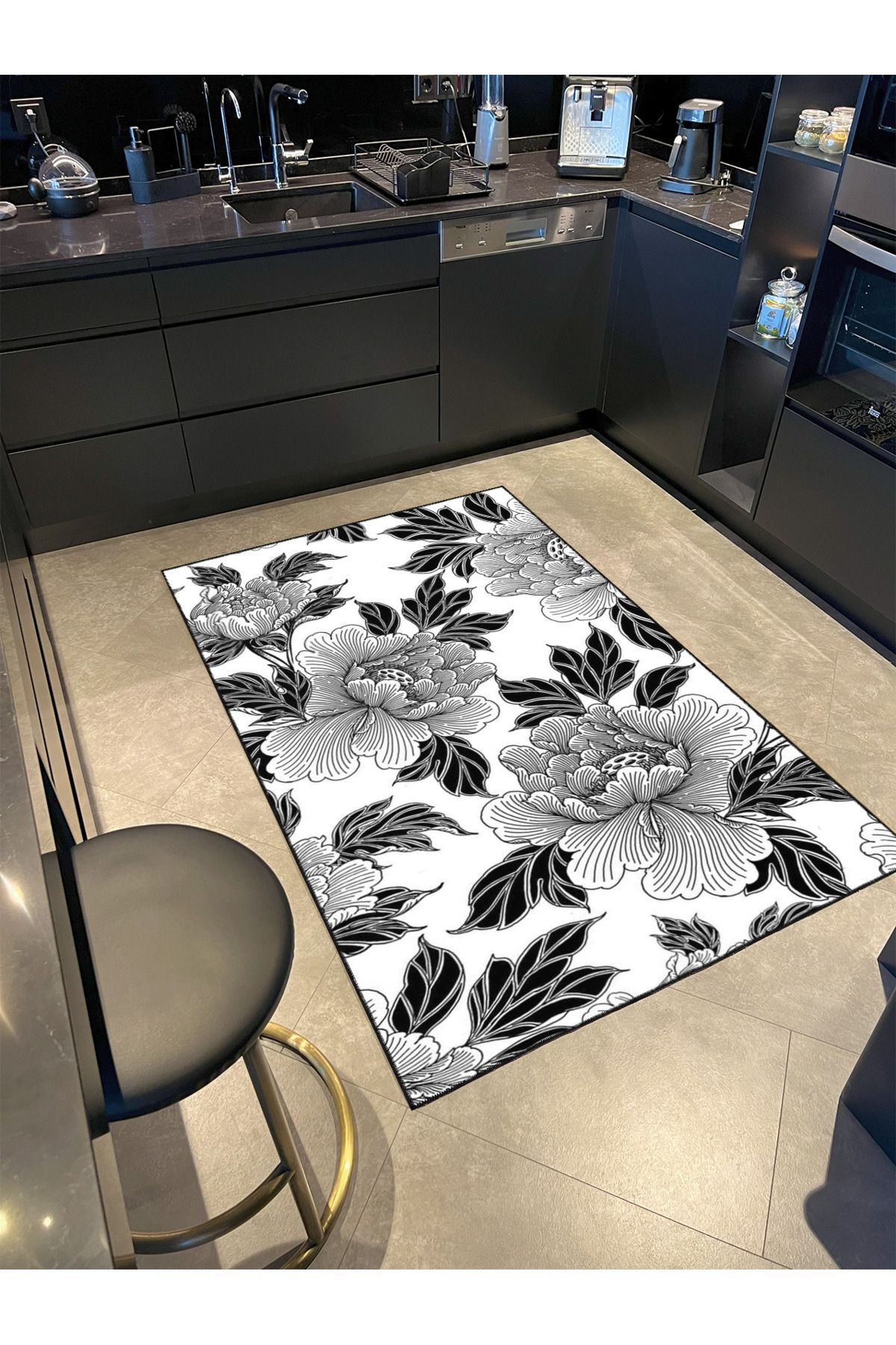 Beyaz Temalı Karakalem Floral Temalı Desenli Dokuma Taban Halı ve Yıkanabilir Halı miravip9933