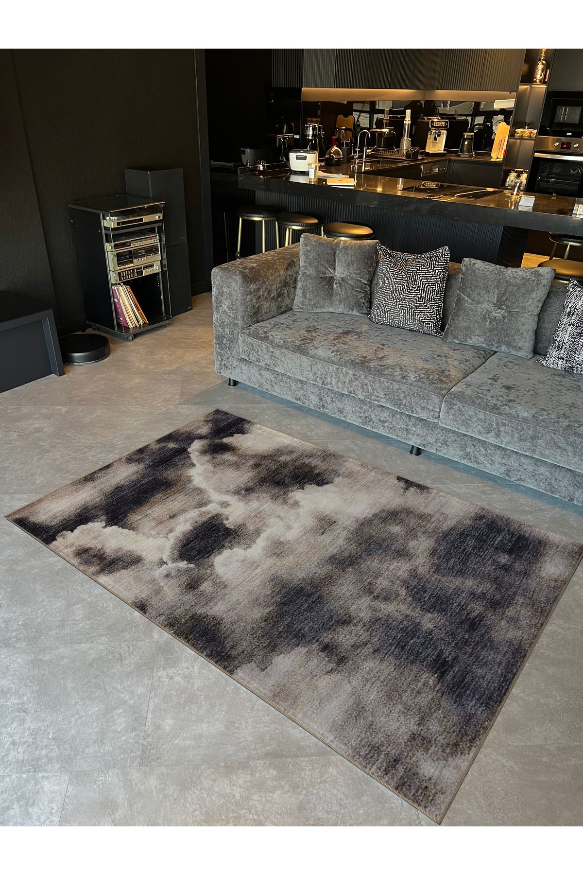 Gri Temalı Soyut Sis Duman Desenli Modern Dekoratif Halı 5332