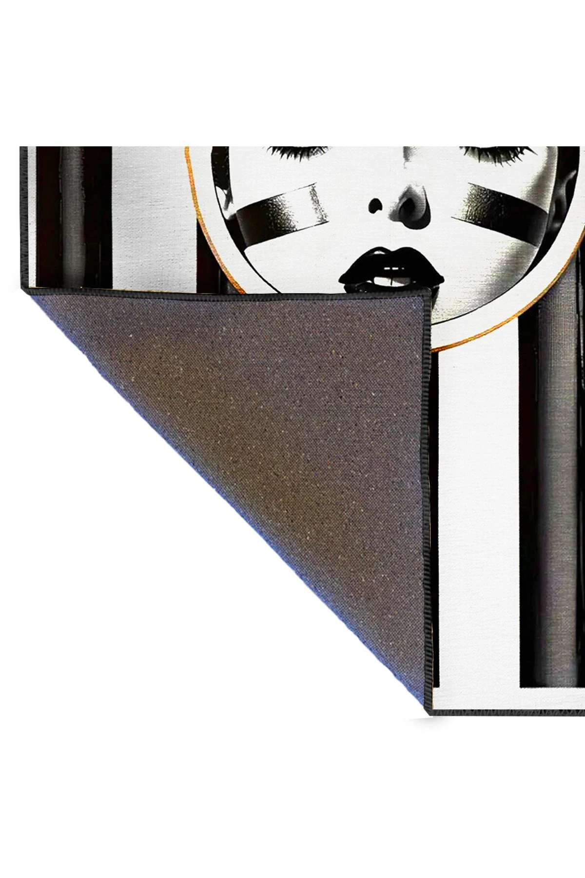 Siyah Beyaz Çizgi Temalı Kadın Yüz Desenli Dokuma Taban Halı ve Yıkanabilir Halı miraface04