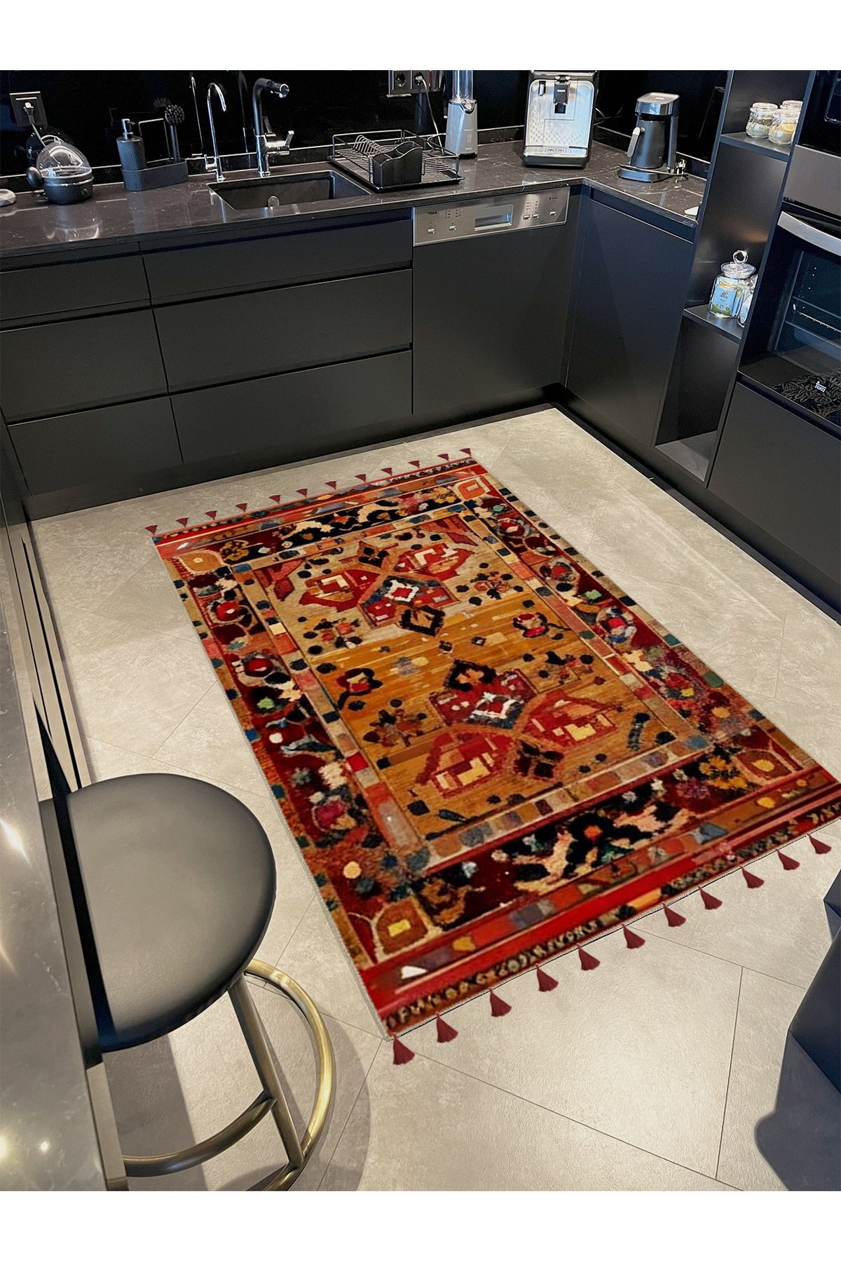 Royal Karma Şekiller Motifli Desenli Püskül Detaylı Dokuma Taban Dekoratif Halı royal31