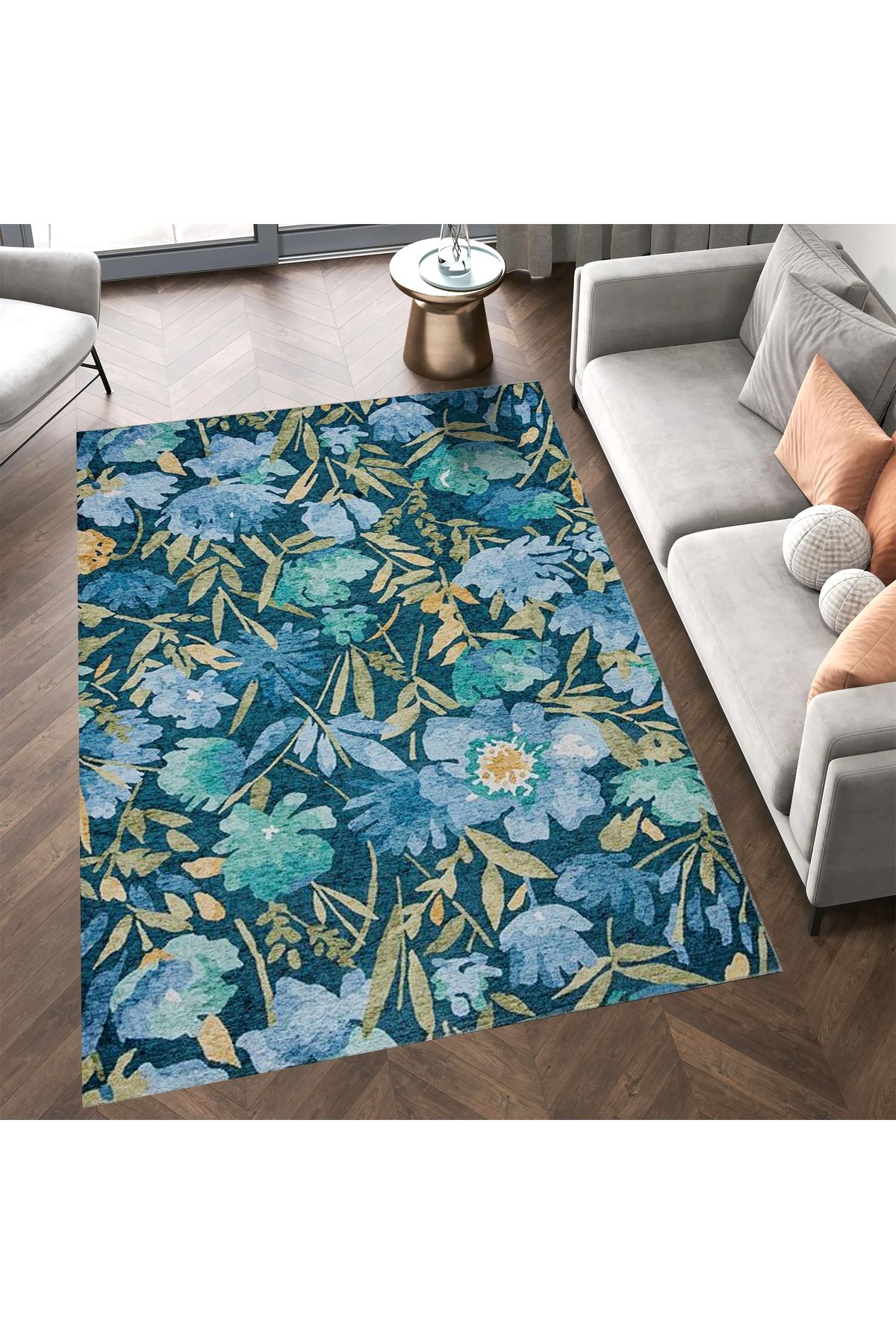 Kuzey Koleksiyonu Mavi Yeşil Çiçekler Desenli Dokuma Taban Dekoratif Halı kuzey31