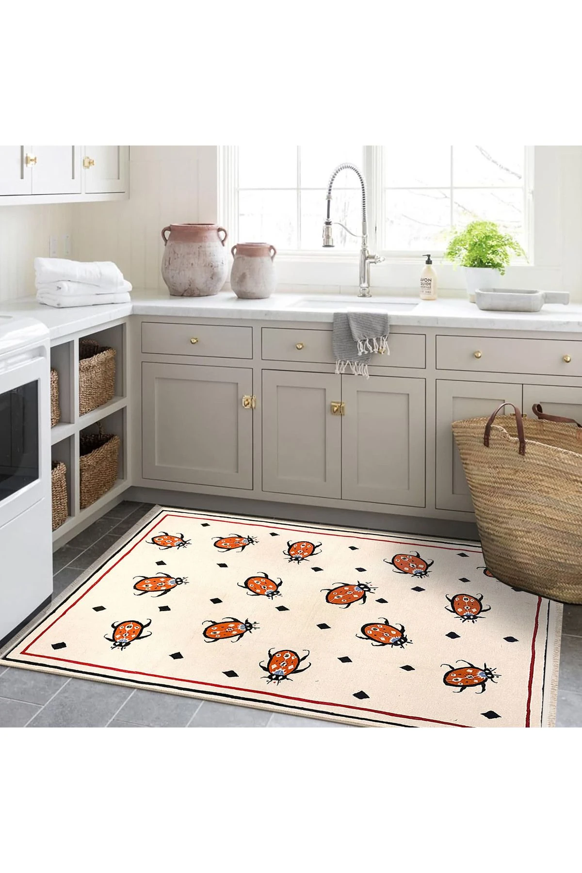 Emre Koleksiyonu Bej Temalı Çerçeveli Böcekler Desenli Dokuma Taban Kreatif Modern Dekoratif Halı 19