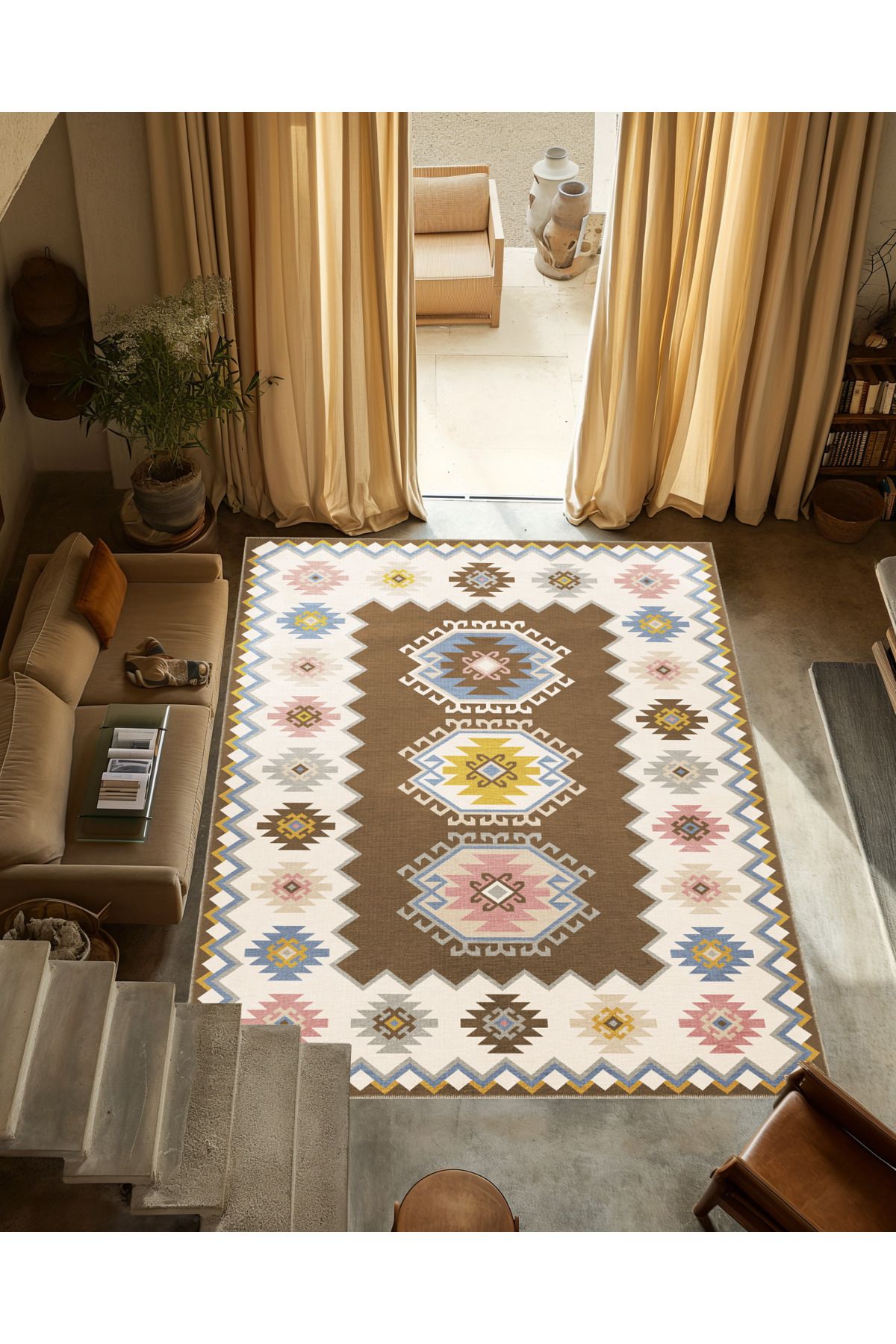 Kahve Bej Temalı Geleneksel Motif Desenli Vintage Dekoratif Halı 3348