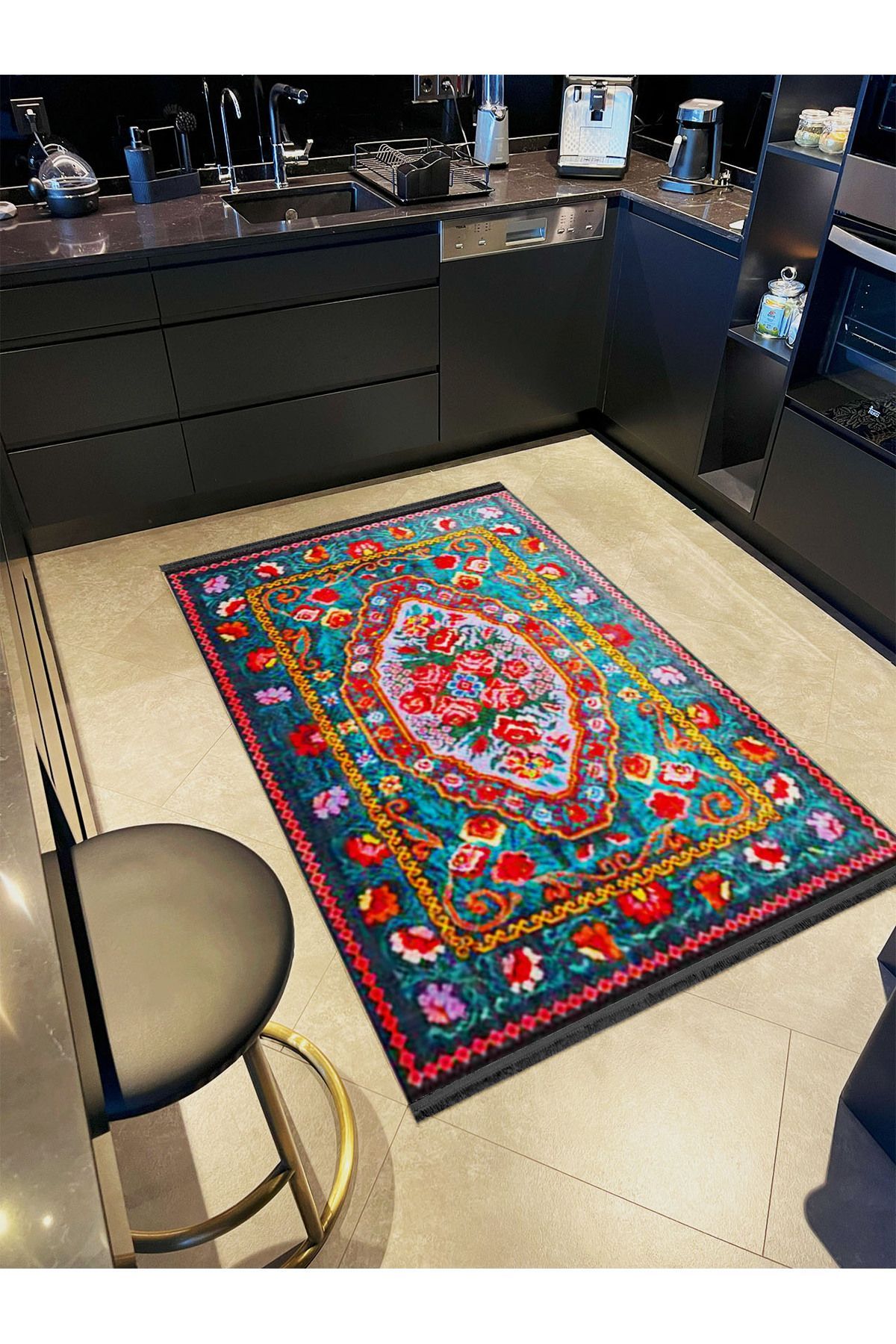 İnci Koleksiyonu Turkuaz Temalı Geleneksel Desenli Dokuma Taban Vintage Dekoratif Halı inci11