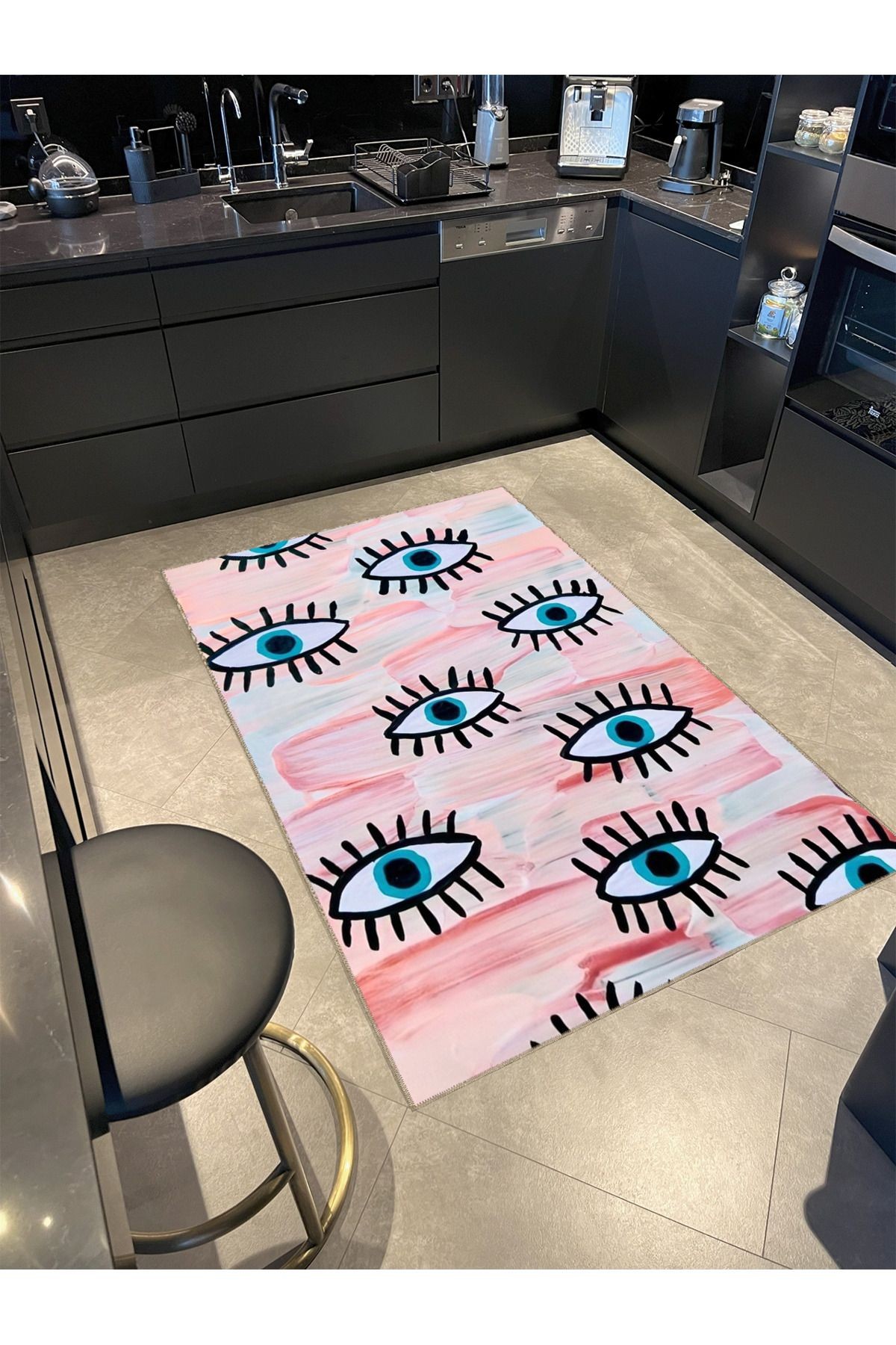 Pudra Pembe Temalı Karma Göz Figürü Desenli Modern Dekoratif Halı 4978