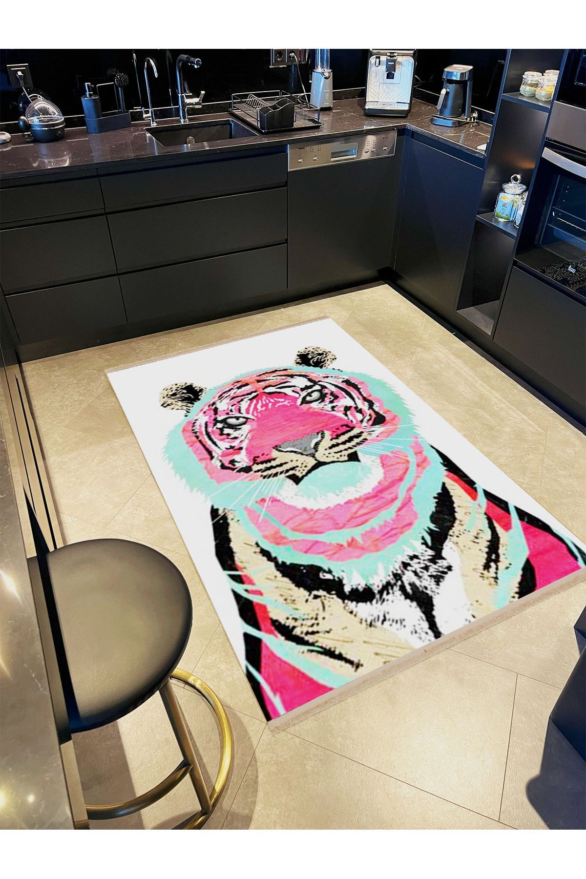 İnci Koleksiyonu Pembe ve Mavi Detaylı Kaplan Desenli Dokuma Taban Modern Dekoratif Halı inci31