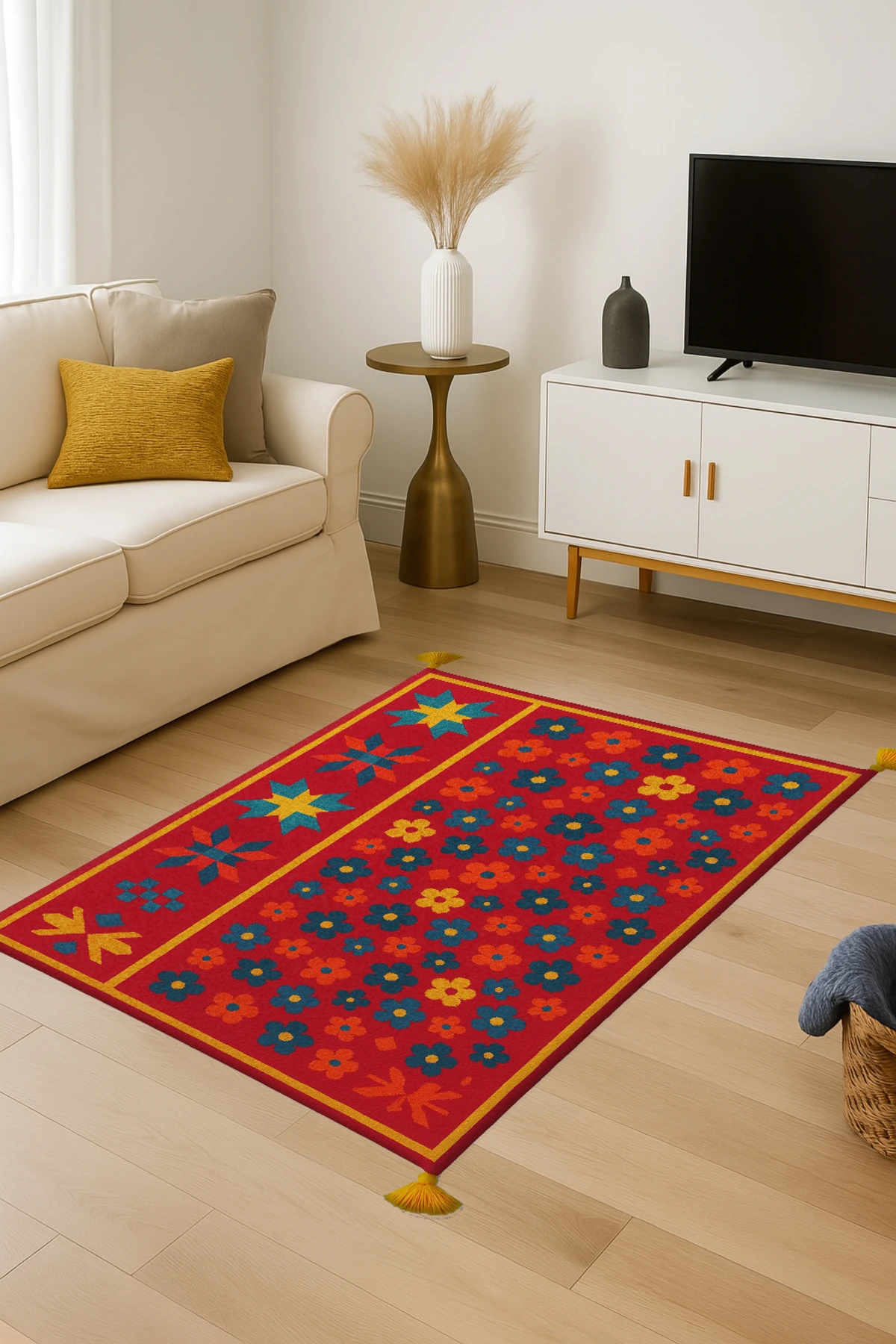 MOSSO Çiçekli Çok Renkli Desen Püsküllü Modern Dekoratif Halı mosso473