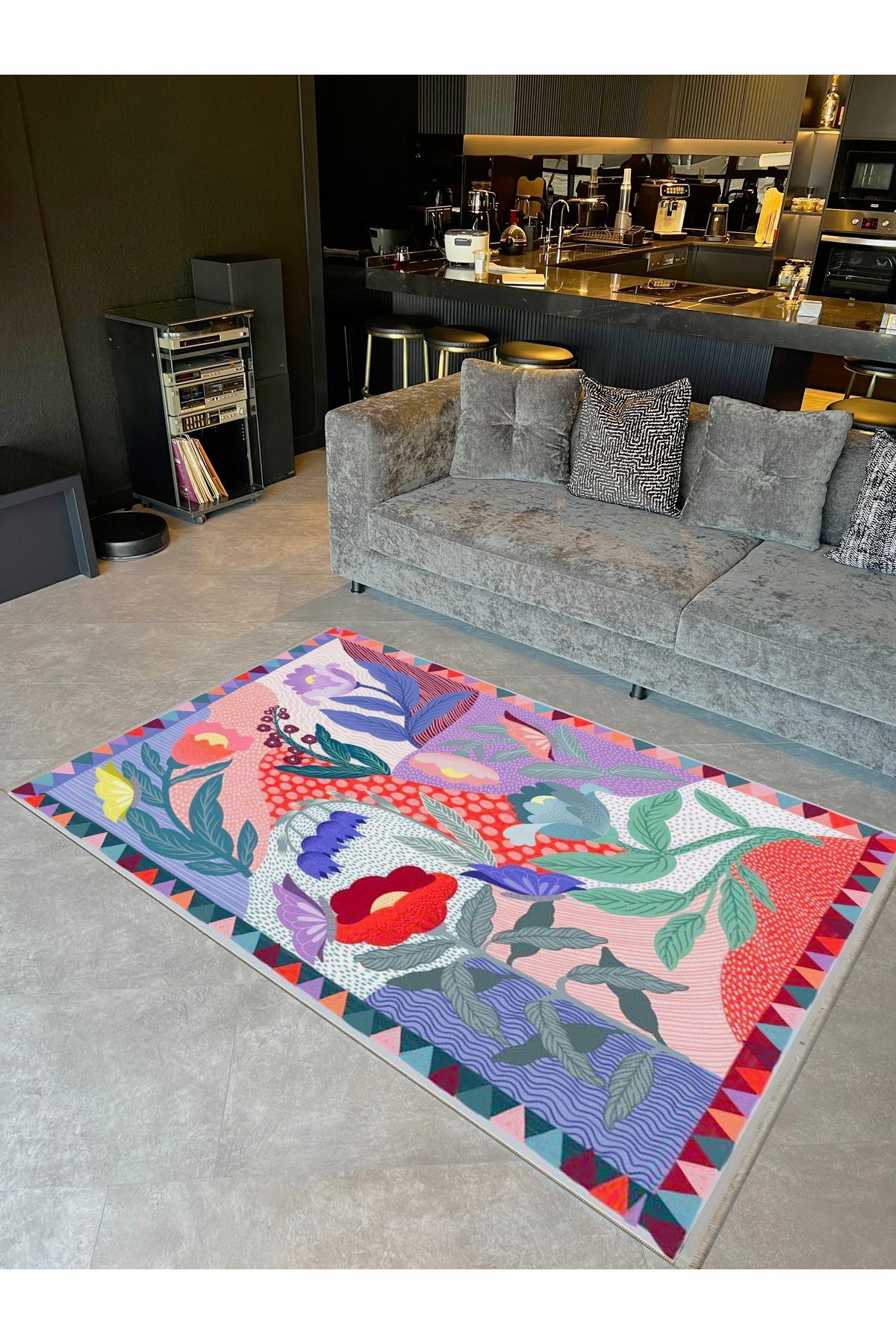 Özge Koleksiyonu Pembe Lila Geometrik ve Çiçek Desenli Dokuma Taban Modern Dekoratif Halı özge32