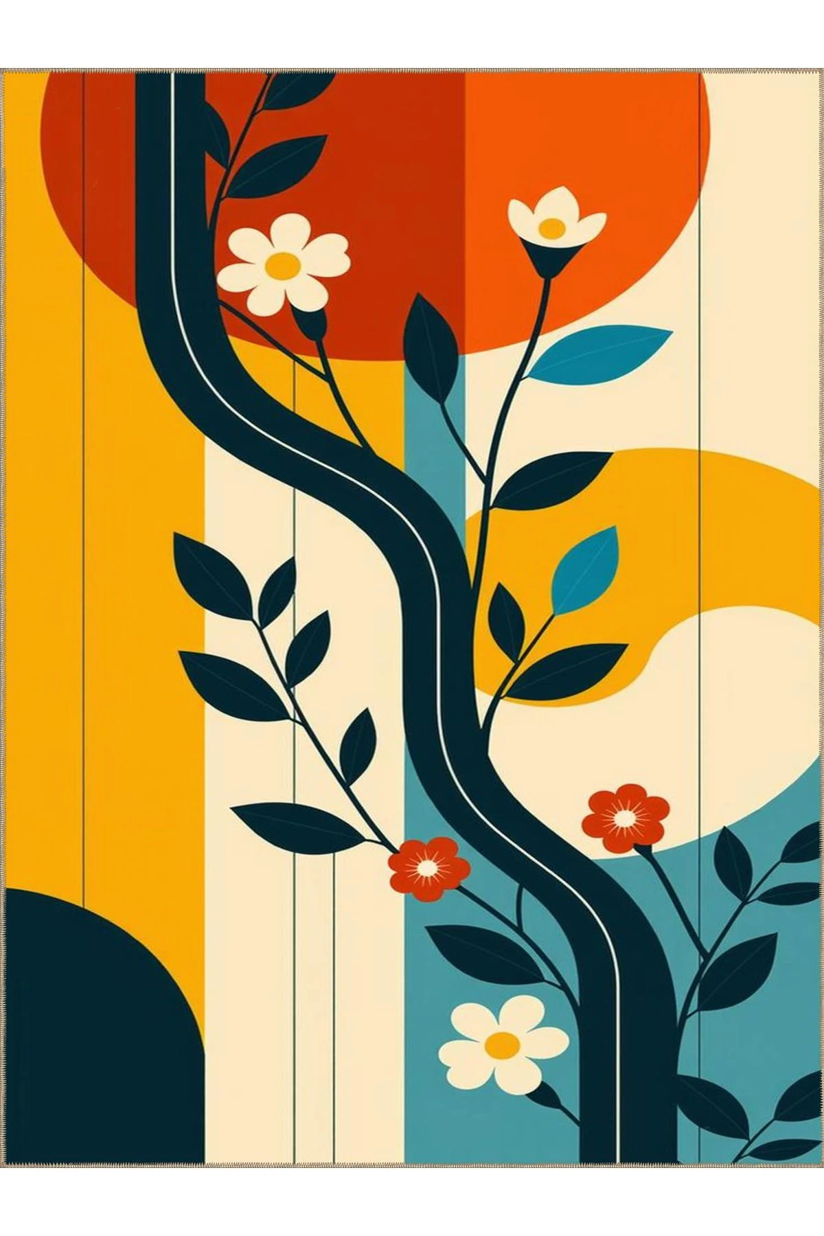 Güneş Koleksiyonu Çok Renkli Soyut Şekiller ve Çiçekler  Desenli Dokuma Taban Dekoratif Halı güneş49