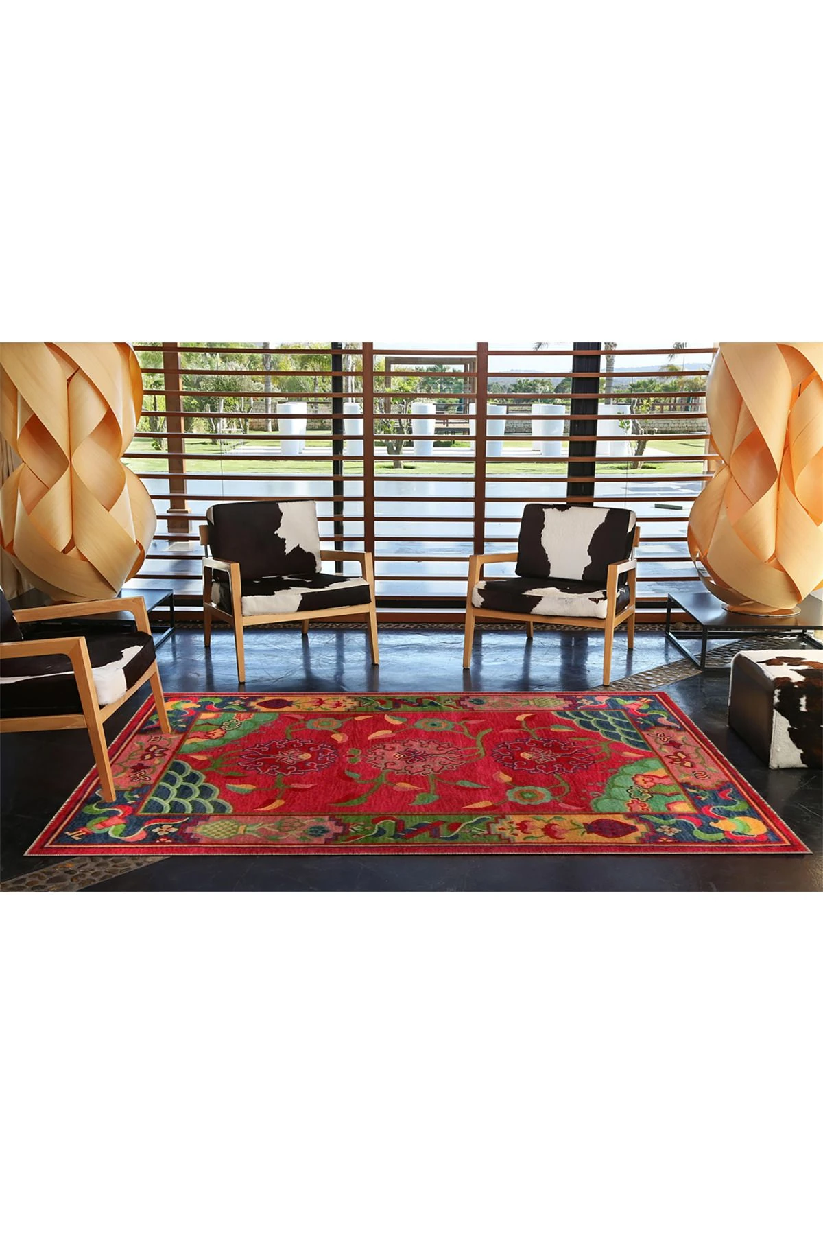 Kırmızı Temalı Motifli Etnik Çiçek Desenli Vintage Dekoratif Halı 3613