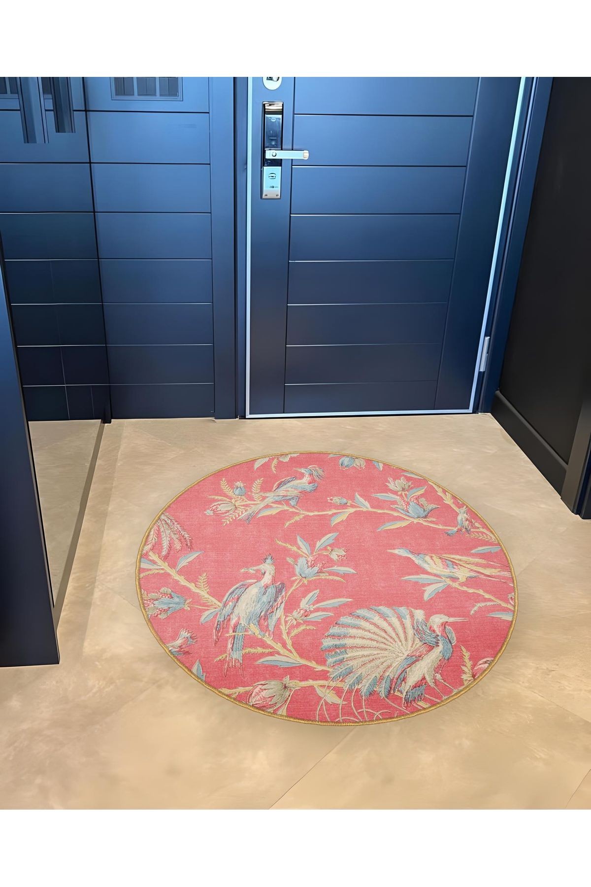 Pembe Temalı Ağaç Dalı ve Kuş Desenli Yuvarlak Dokuma Taban Modern Dekoratif Halı 6095