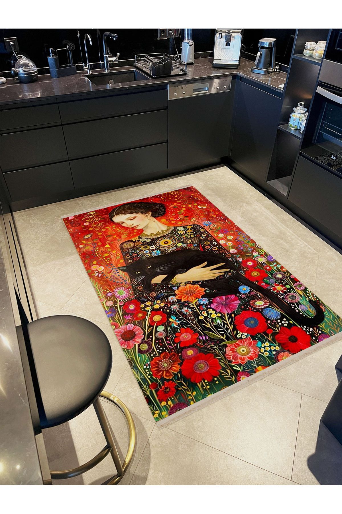 İnci Koleksiyonu Kadın Kedi ve Çiçekler Detaylı Çok Renkli Dokuma Taban Modern Dekoratif Halı inci46