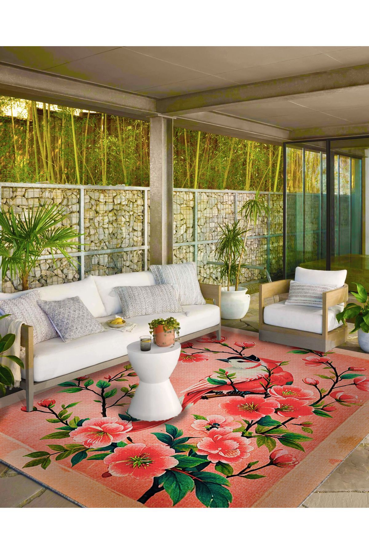 Paris Koleksiyonu Pembe Temalı Sarmaşık Çiçek ve Kuş Desenli Modern Dekoratif Halı 71