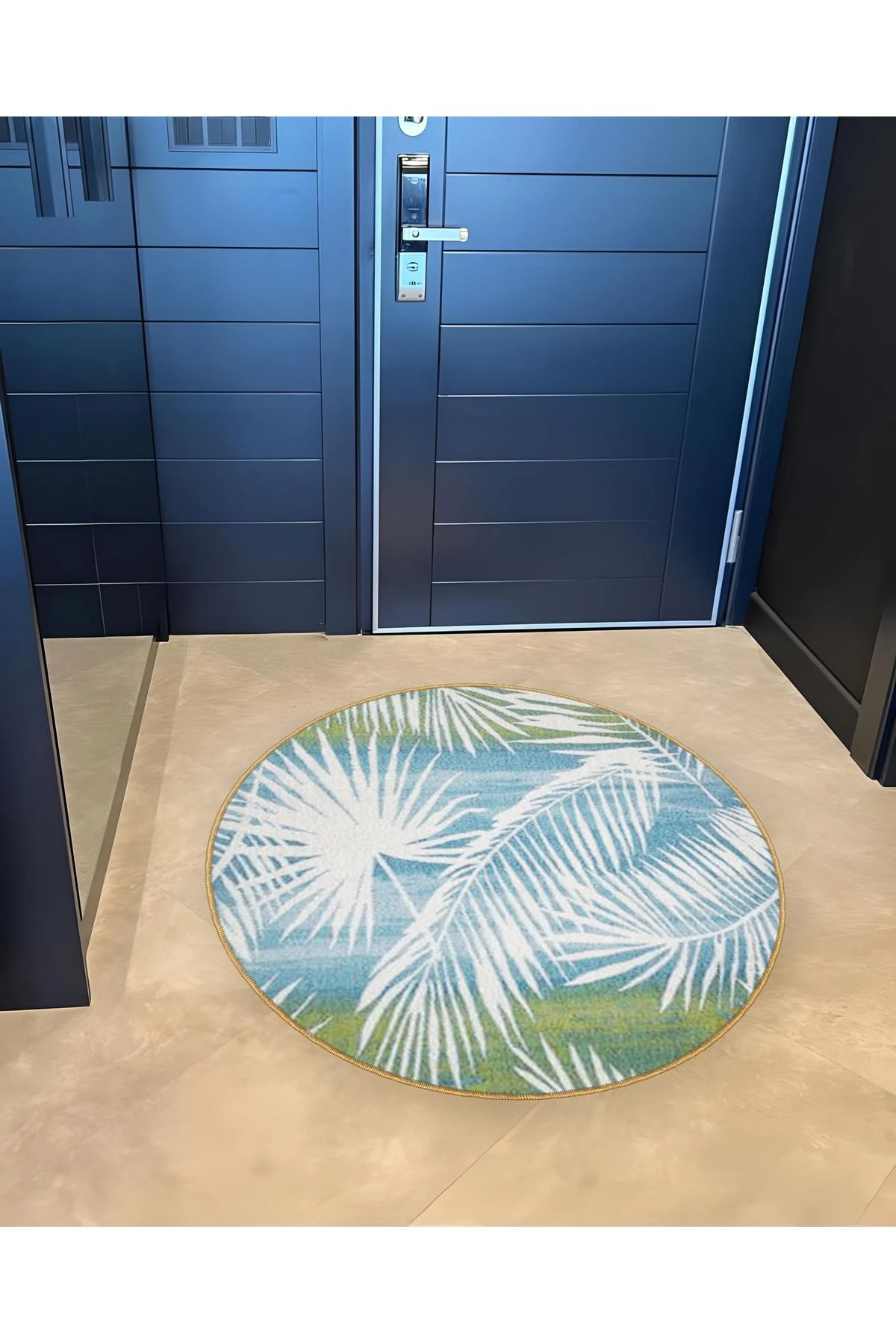 Mira Yuvarlak Mavi Yeşil Tonlarda Tropikal Yaprak Desenli Dokuma Taban Modern Dekoratif Halı 5599