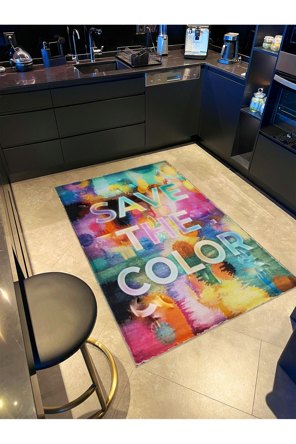 Written Koleksiyonu Çok Renkli Save The Color Yazılı Desenli Modern Dekoratif Halı 08