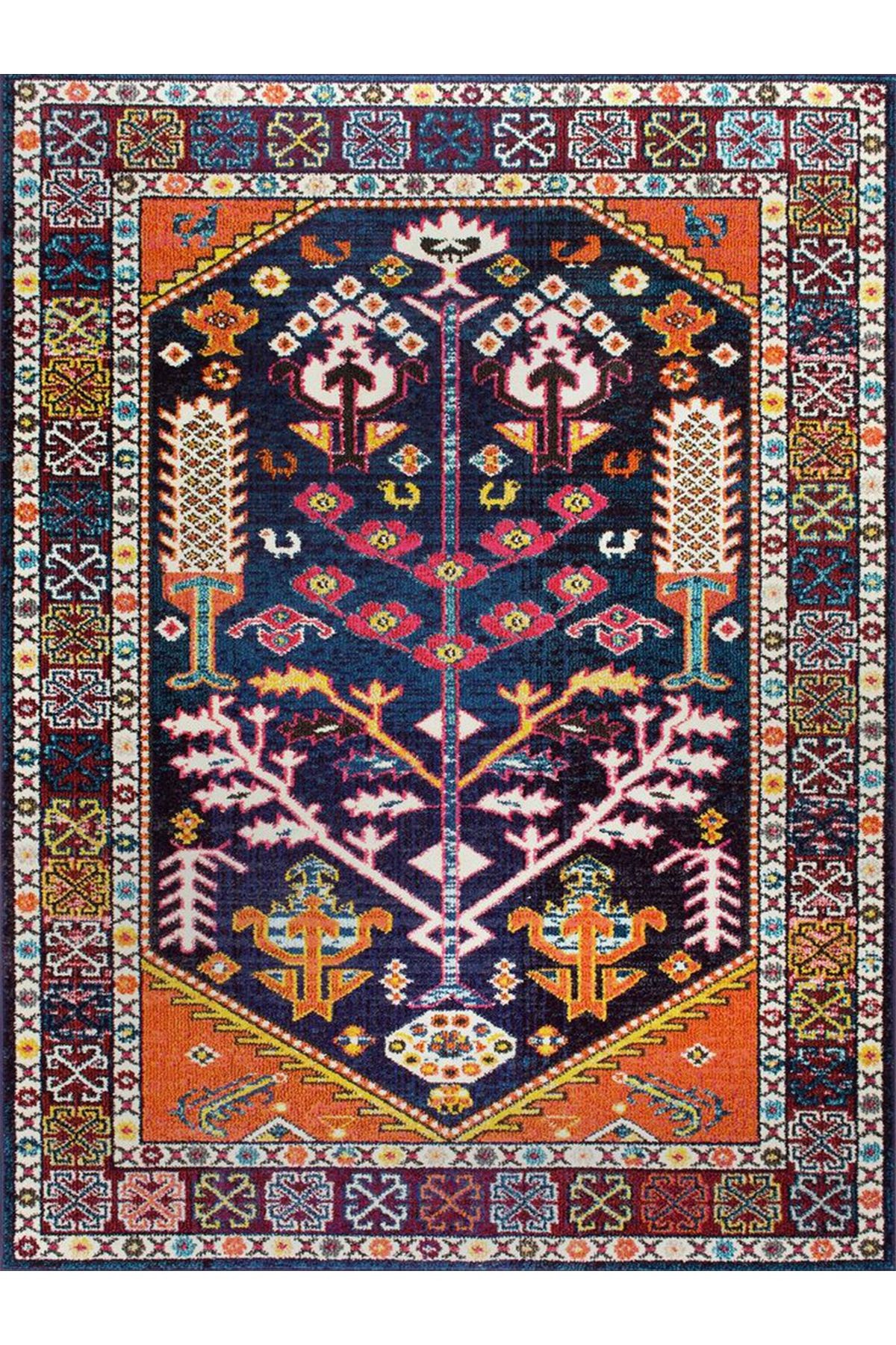 Asena Koleksiyonu Çok Renkli Etnik ve Çiçek Motifleri Desenli Vintage Dekoratif Halı 27