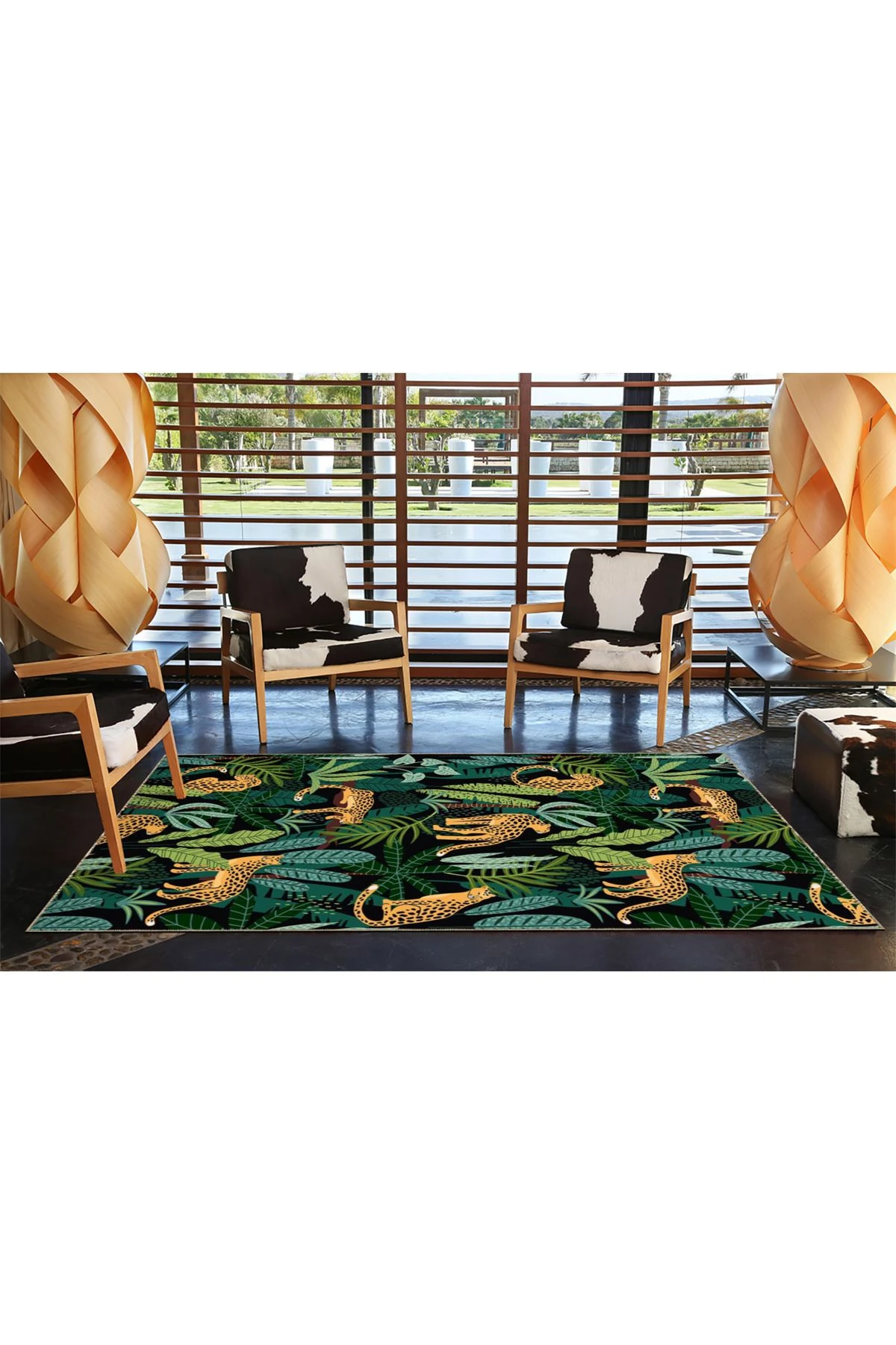 Siyah Yeşil Temalı Lepar ve Ağaç Desenli Modern Dekoratif Halı 3574