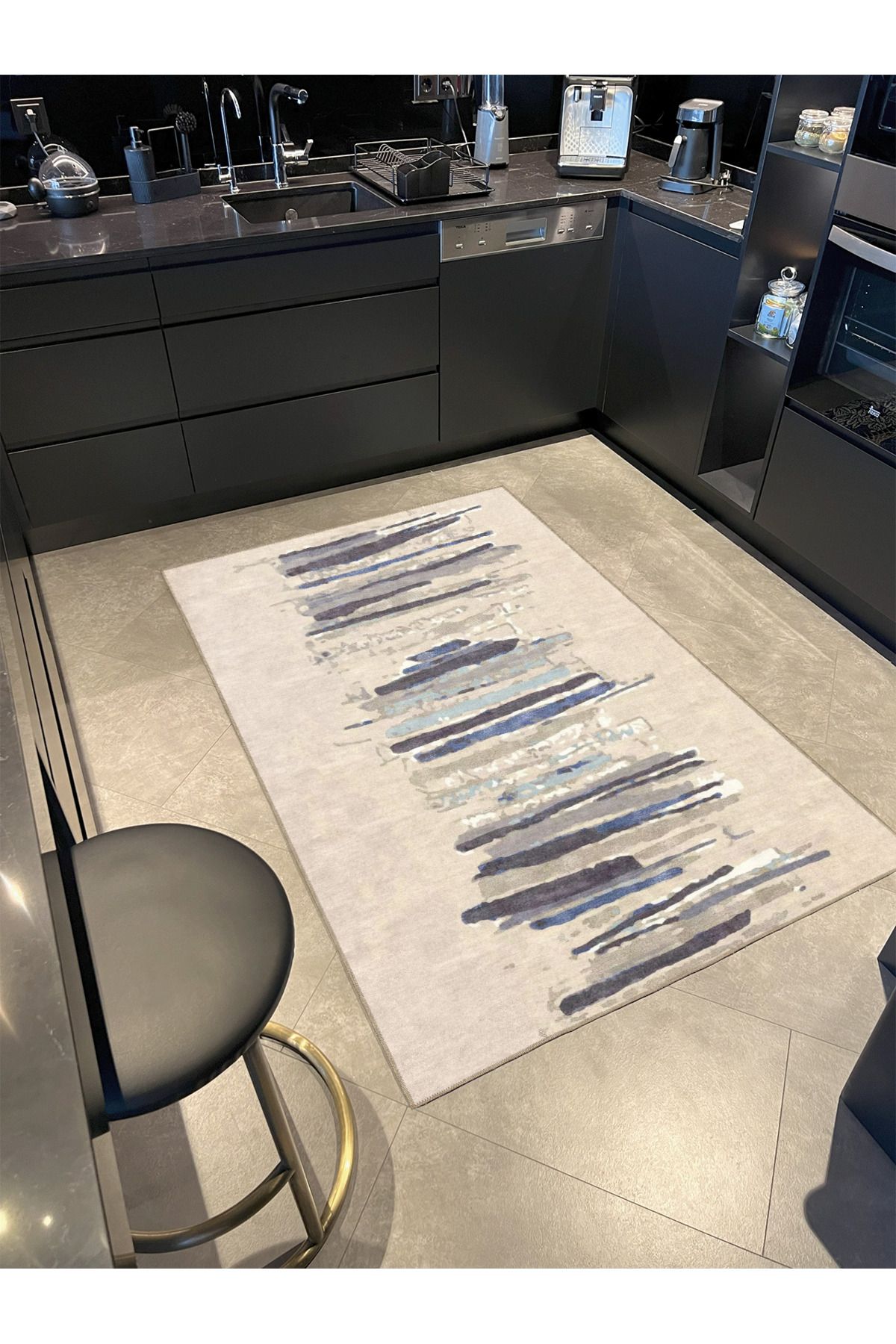 Siyah Krem Çizgili Desenli Dekoratif Halı miravip895