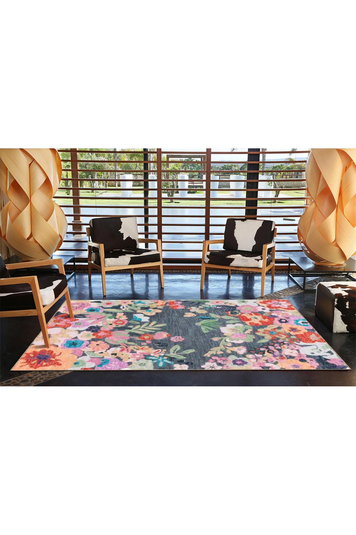 Gri Tonlarda Sarmaşık Çiçekli Pastel Boyalı Dokuma Taban Yıkanabilir Halı miravip8339