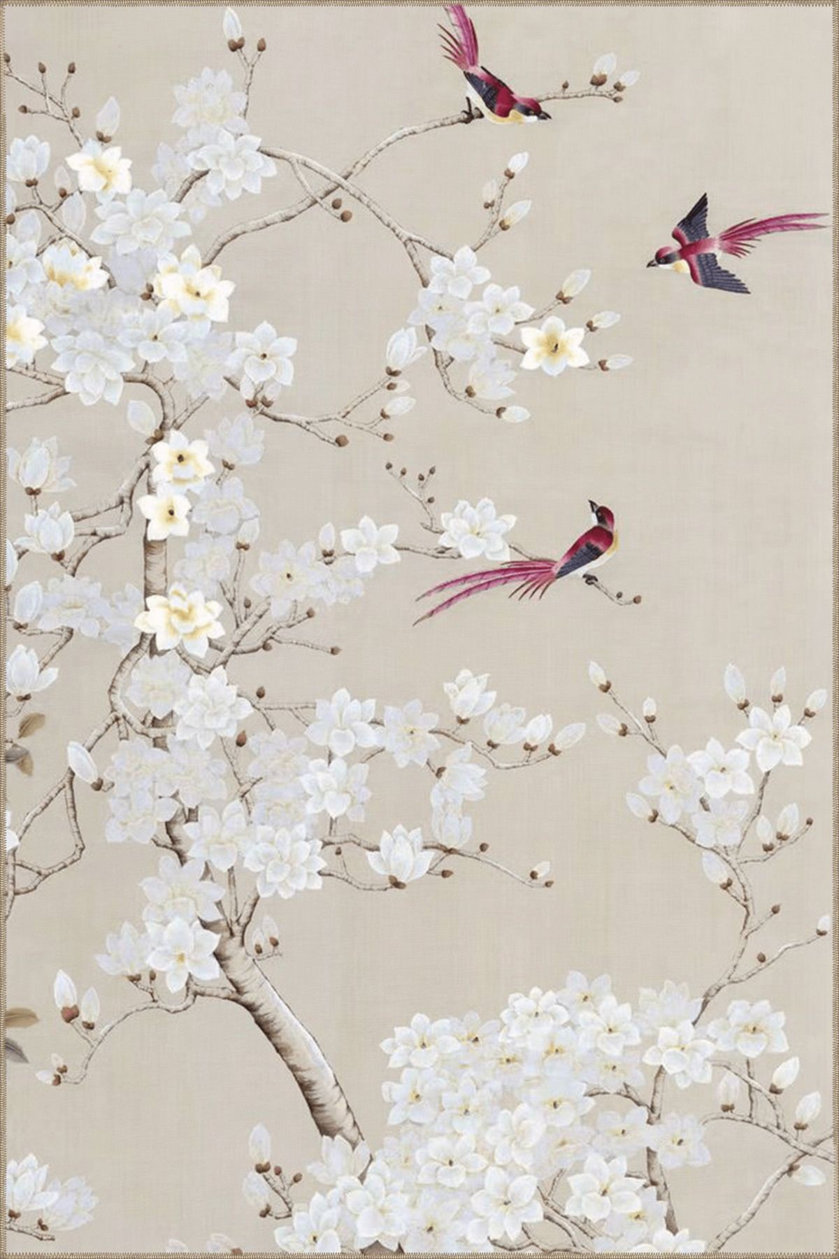 Bej Temalı Floral Çiçek ve Kuş Desenli Kreatif Modern Dekoratif Halı 4861