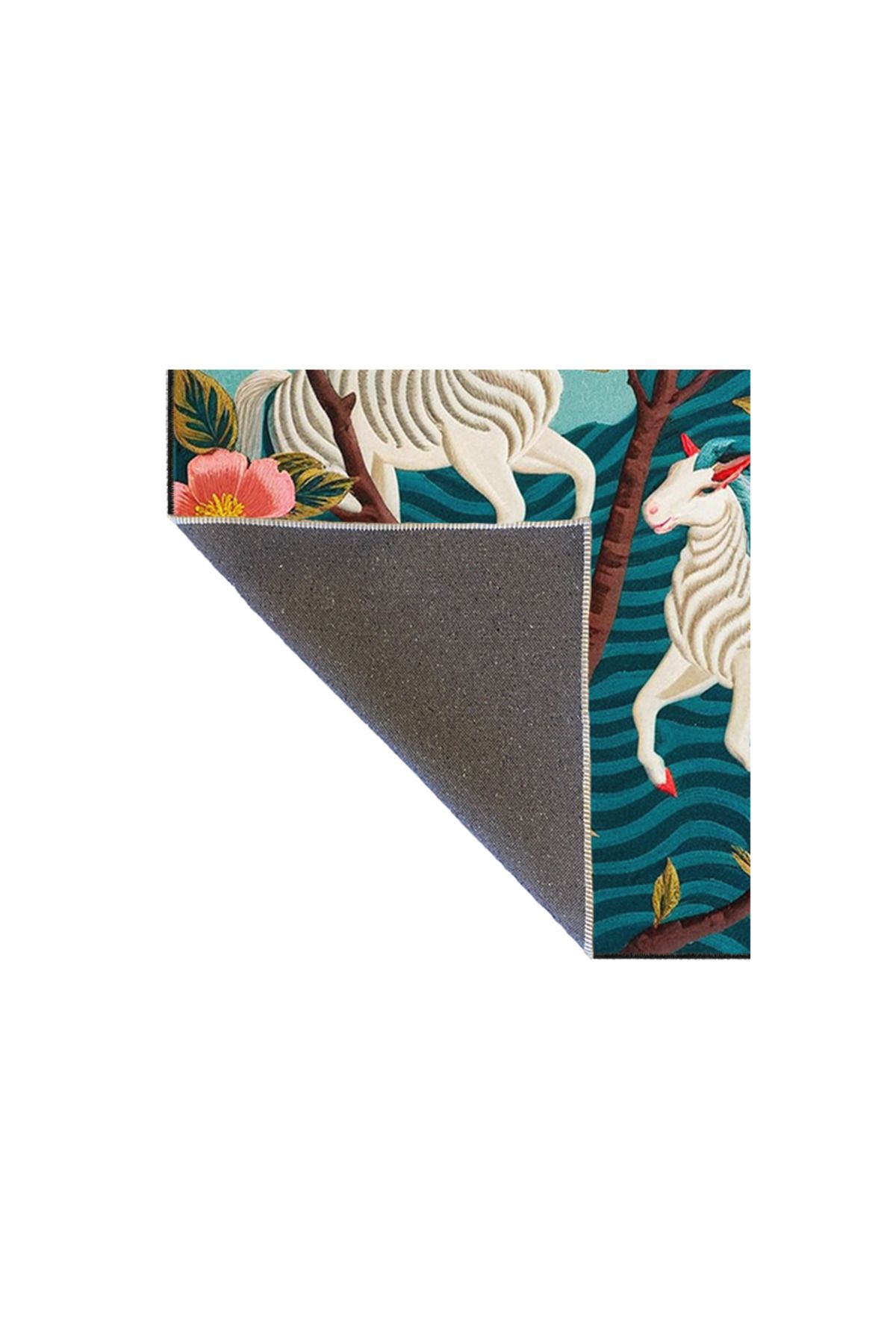 Paris Koleksiyonu Çok Renkli Boynuzlu At ve Çiçek Desenli Modern Dekoratif Halı 58