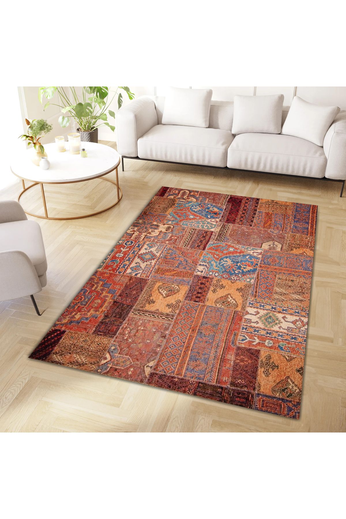 Cansu Koleksiyonu Patchwork Görünümlü Kahverengi Tonlarda Dokuma Taban Modern Dekoratif Halı cansu05