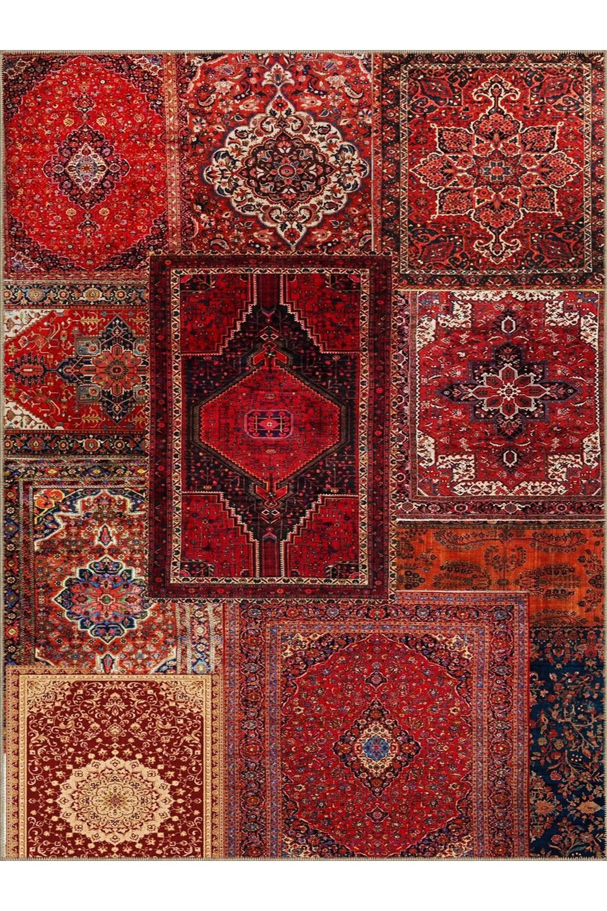 Kuvars Koleksiyonu Kırmızı Temalı Etnik Vintage Desenli Dokuma Taban Dekoratif Halı 01