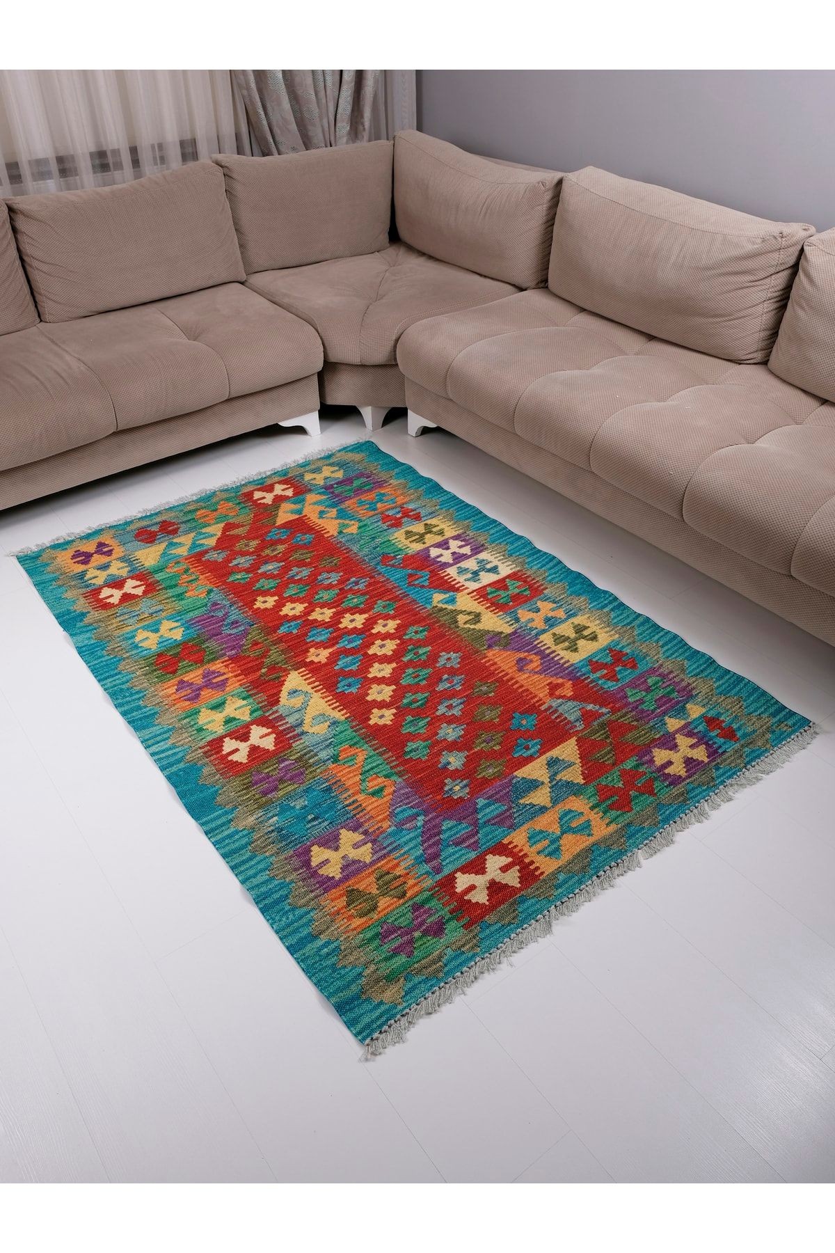 Desenli Yeşil Pamuklu Çok Renkli Otantik Ve Etnik Kilim 507