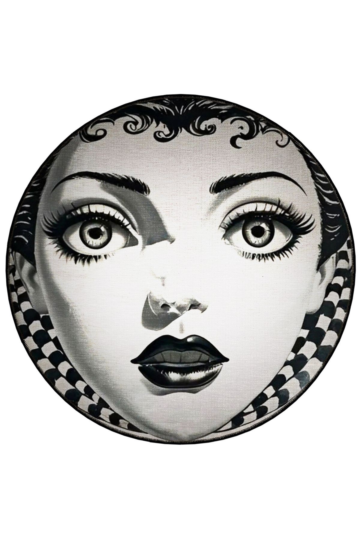 Yuvarlak Siyah Bej Vintage Kadın Yüz  Desenli Dokuma Taban Halı miraface29