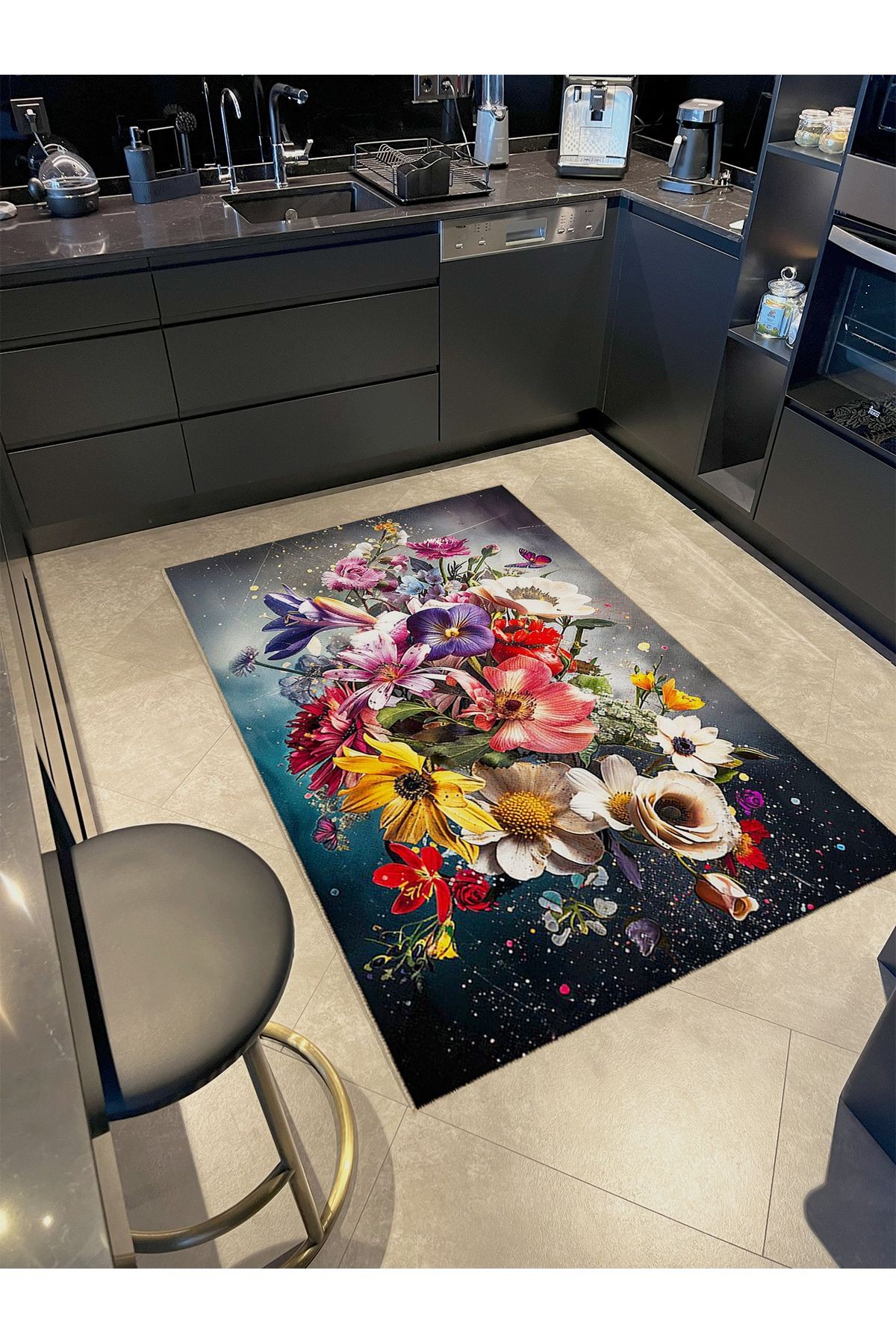 Emre Koleksiyonu Soyut Temalı Renkli Karma Çiçekler Desenli Dokuma Taban Modern Dekoratif Halı 50