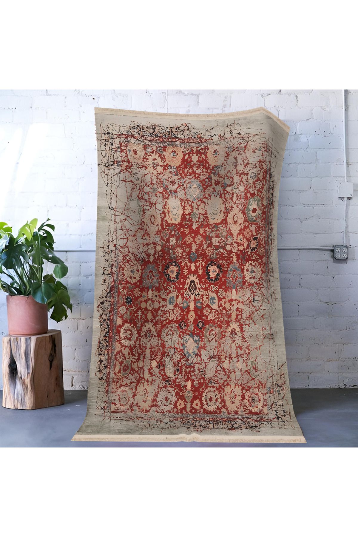 Bordo Temalı Geleneksel Motif Soyut Desen Vintage Dekoratif Halı 1658