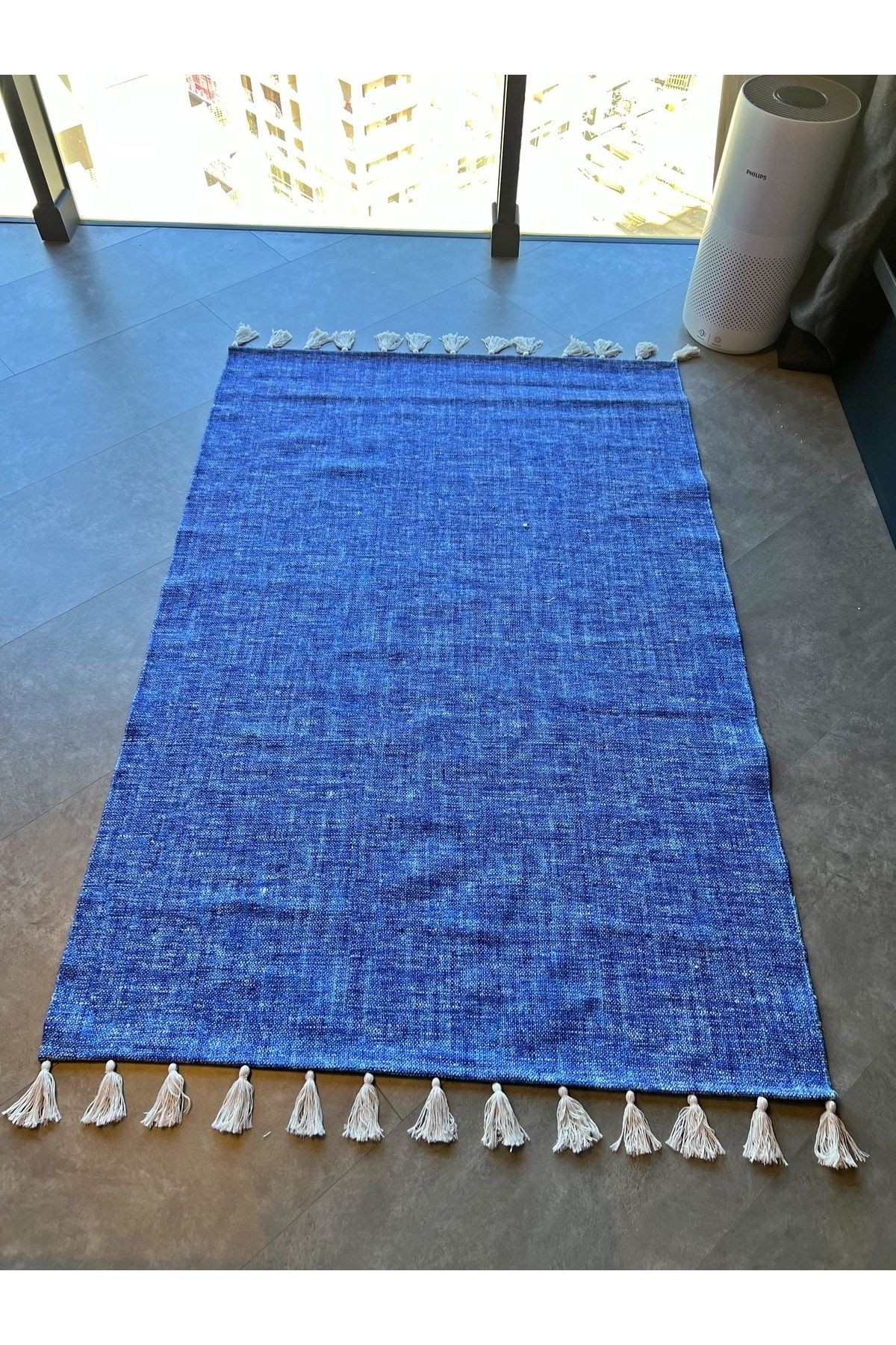 Moroccan 9004 Alaçatı Mavisi Beyaz Püsküllü Bohomian Ve Modern Kilim