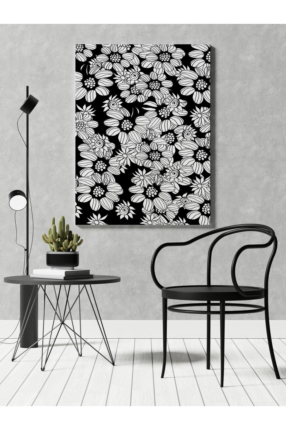 Kanvas Tablo Siyah Çiçekli Temalı Modern Tablo