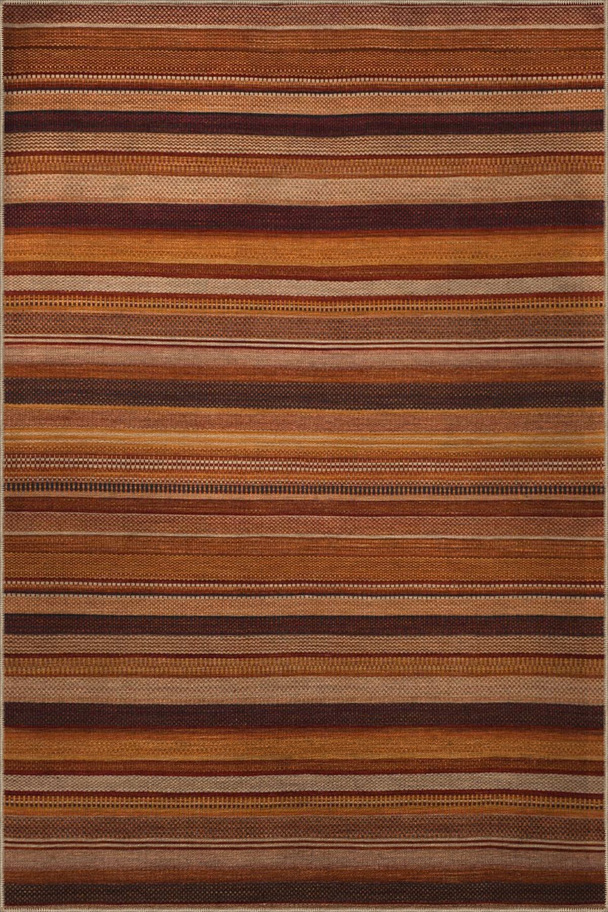 Turuncu Bej Temalı Şerit Çizgi Desenli Kreatif Modern Dekoratif Halı 3036