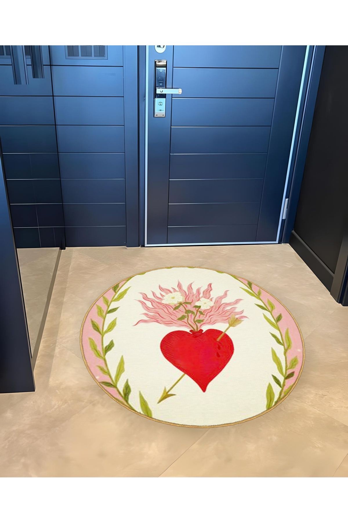 Açık Ton Kalp ve Çiçek Desenli Yuvarlak Dokuma Taban Modern Dekoratif Halı 6108