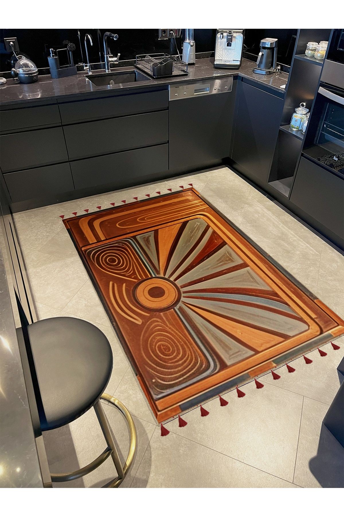 Royal Karma Soyut Şekiller Desenli Püskül Detaylı Dokuma Taban Modern Dekoratif Halı royal22