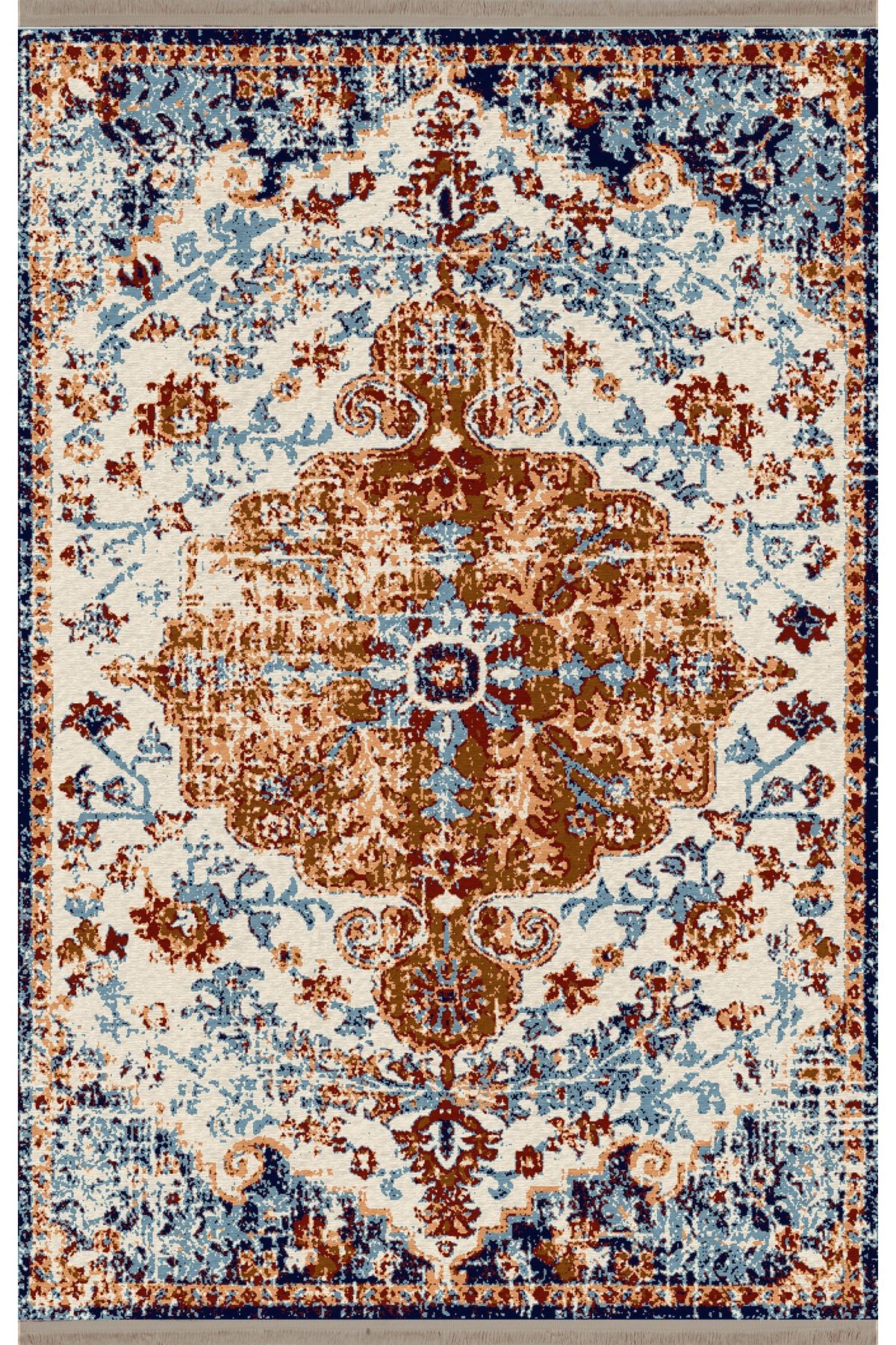 Mira Mavi Sarı Temalı Geleneksel Motif Desenli Vintage Dekoratif Halı Mira 1575