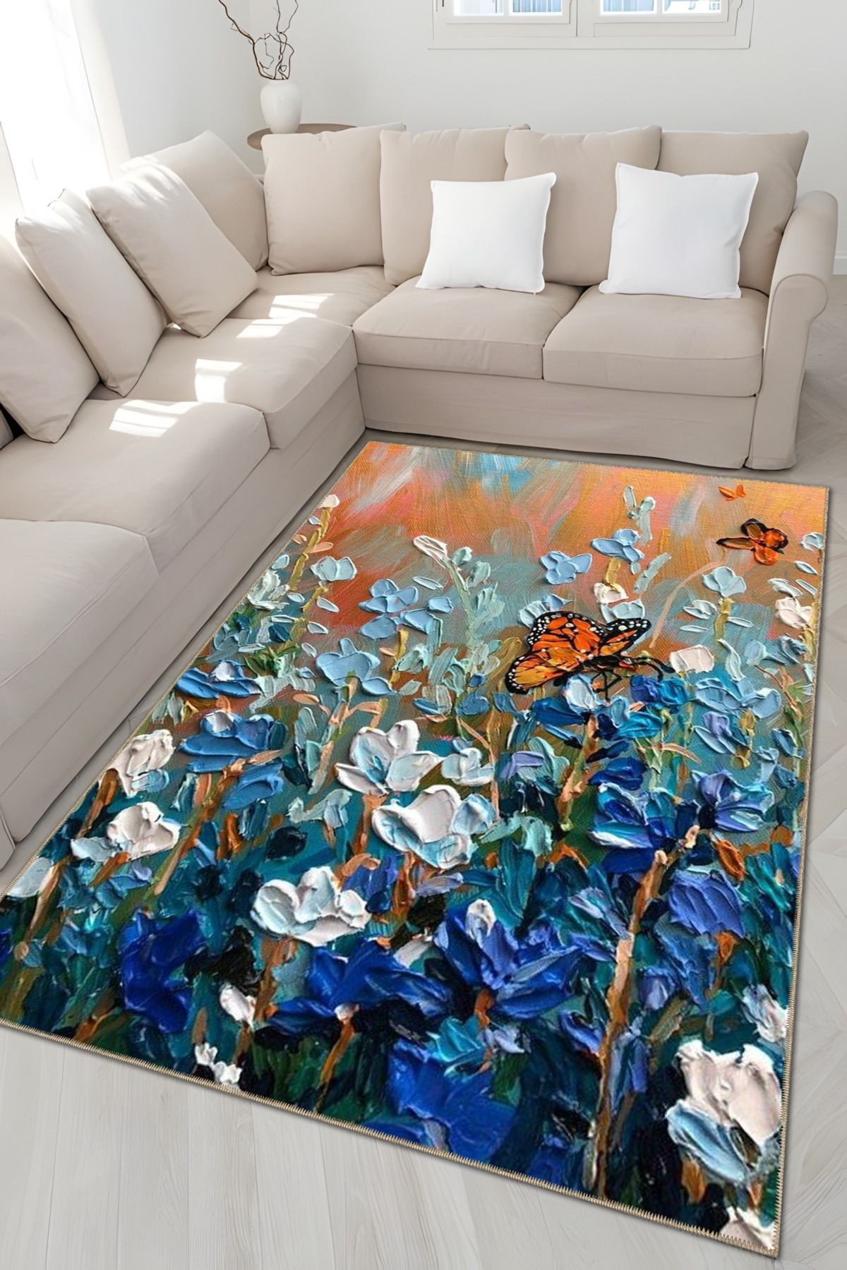 Pastel Mavi Turuncu Temalı Çimen Çiçek ve Kelebek Desenli Modern Dekoratif Halı 5087