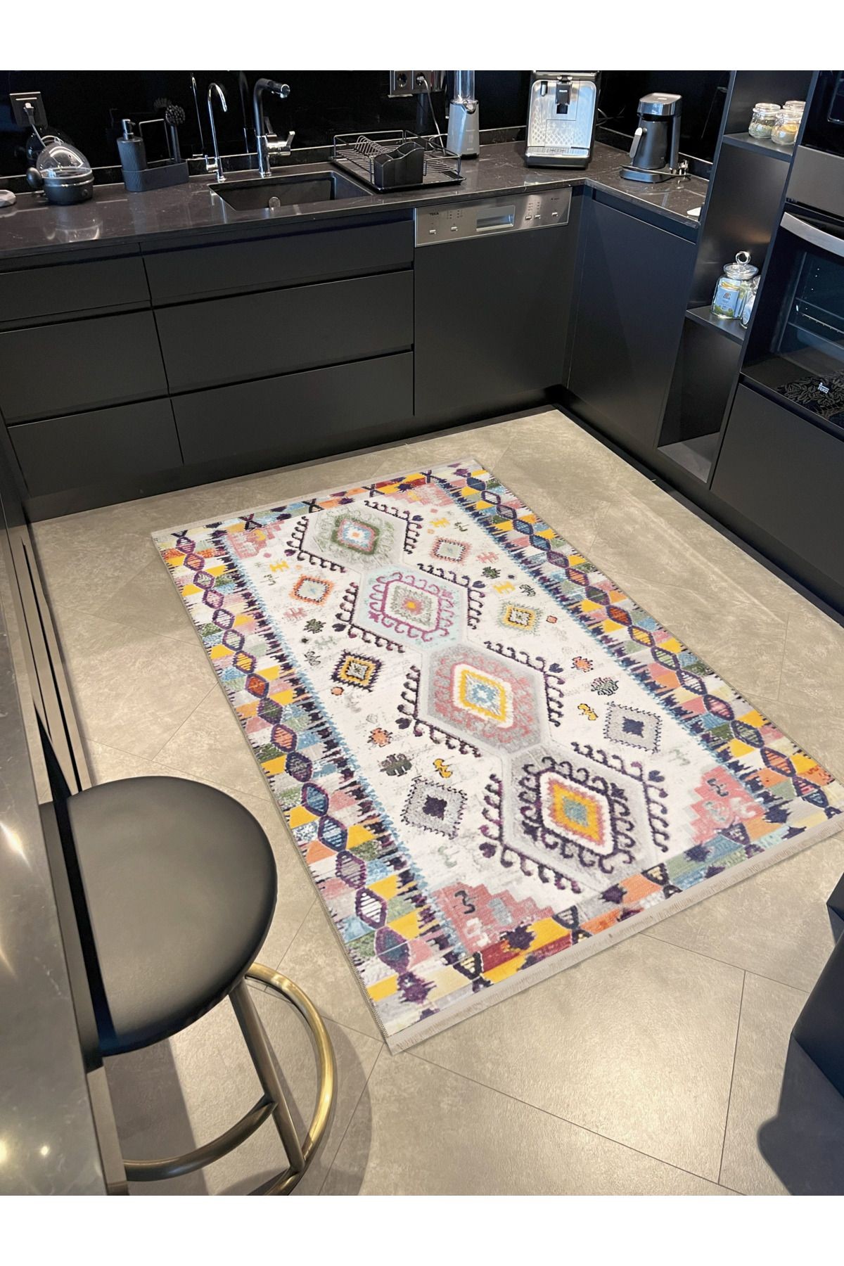 Açık Ton Çok Renkli Geometrik Şekil Desenli Motifli Kreatif Vintage Dekoratif Halı 1979