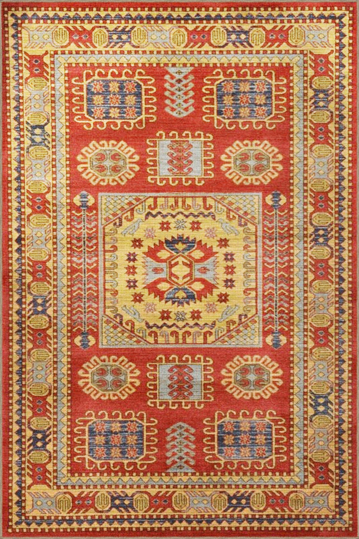 Kırmızı Tonlarında Geometrik Modern Dekoratif Halı 3674